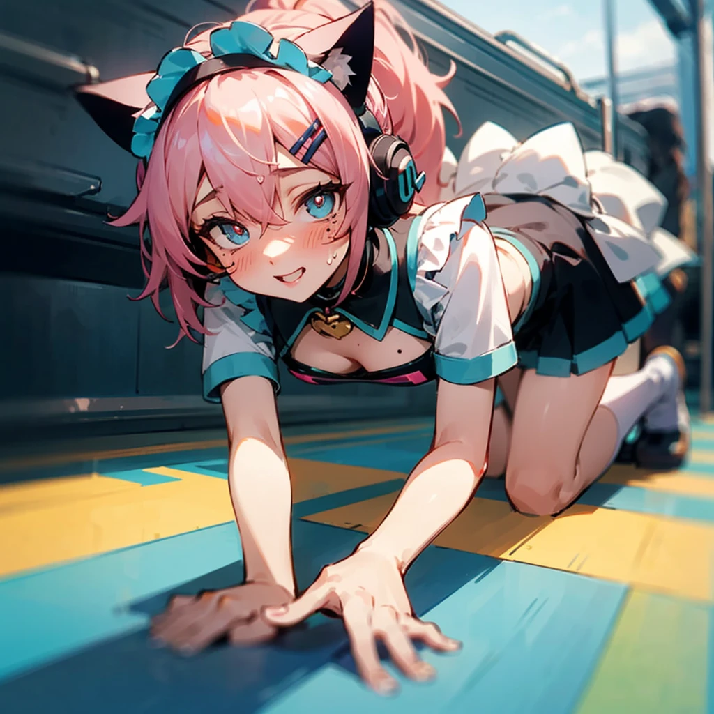 Rainbow hair, Ponytail, Hairpin, Headband, Hairpin, Maid headdress, goggles, Moles under the eyes, Heart-shaped pupil, Cat ear headphones, happy,Browse,Large Breasts,Big breasts,Cum on my chest,train,cumin ,On all fours,vaginal,,Hatsune Ohora,train,one person,blush,