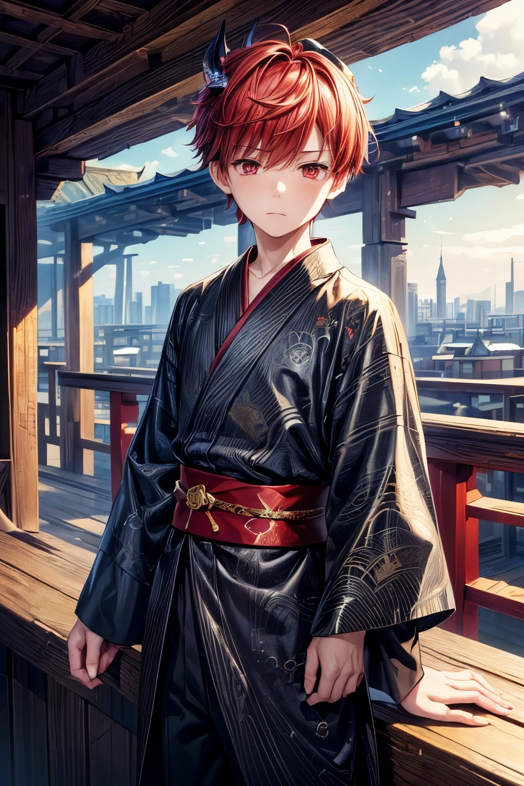 (masterpiece, top quality, best quality, official art, aesthetic:1.2), (1boy:1.3), boy, extremely detailed,(fractal art:1.2),colorful, highest detailed, wallpaper,red eyes, short comma haircut, red hair, black horns, (sad, sadness expression, sadness face), yukata outfit, (cowboy shot), in rooftop school, looking out