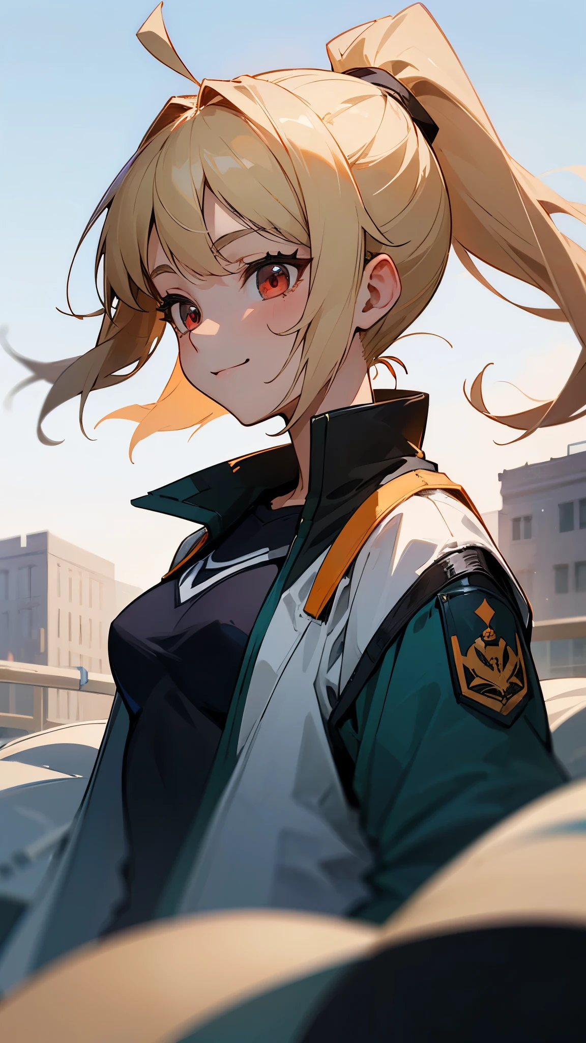 (highest quality、Ultra-fine、Genuine)、Genki girl、high school girl、Small breasts、Riders jacket、blonde、Red Eye、ponytail、Ahoge、From the side、gloves、Bright smile、Building roof、Blowing in the Wind、blue sky、Upper body close-up、Sharp contours