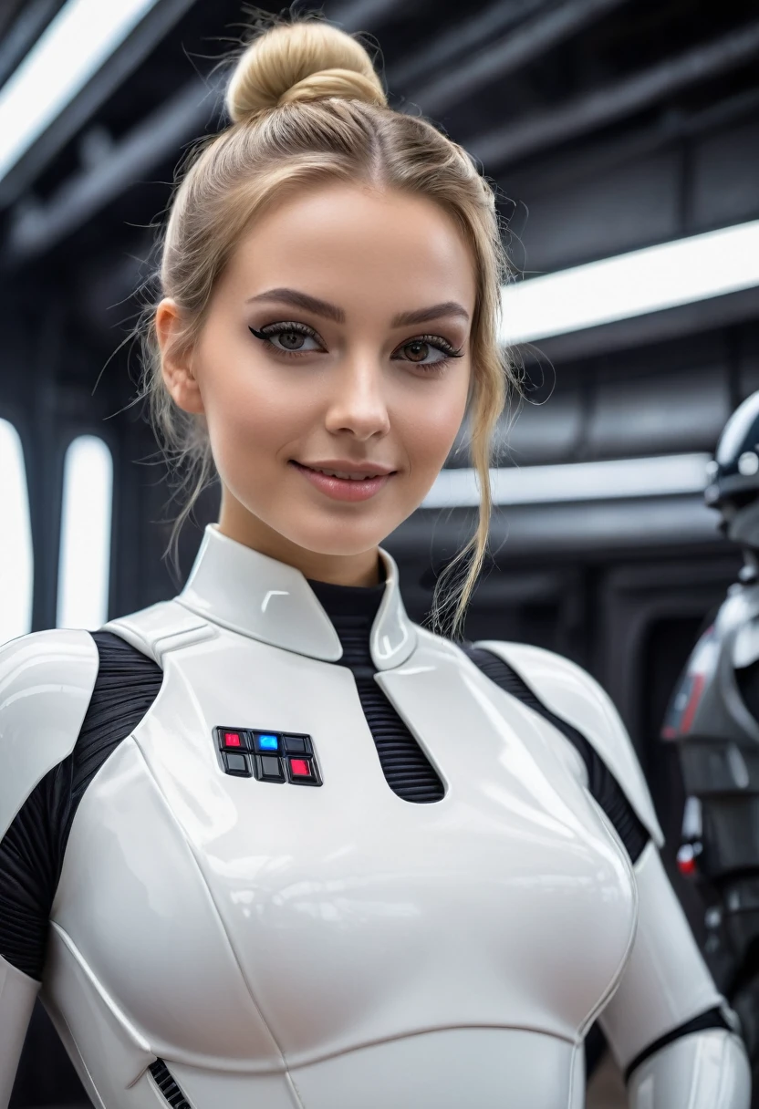 hyperrealistic beautiful busty 18-year-old women with long legs wearing white leather stormtrooper cospay catsuit, model shooting full body photography, natural blonde classic bun, dark eye makeup with eyeliner, seductive smile, small necklace, 8K, Best quality, Meisterwerk, ultra high resolution, (Realismus: 1.4), Originalfoto, (realistische Hautstruktur: 1.3), (Filmkorn: 1.3), (Selfie-Winkel), 1 girl, Beautiful round hazel eyes and facial details, Meisterwerk, Best quality, outdoor at starwars movie set