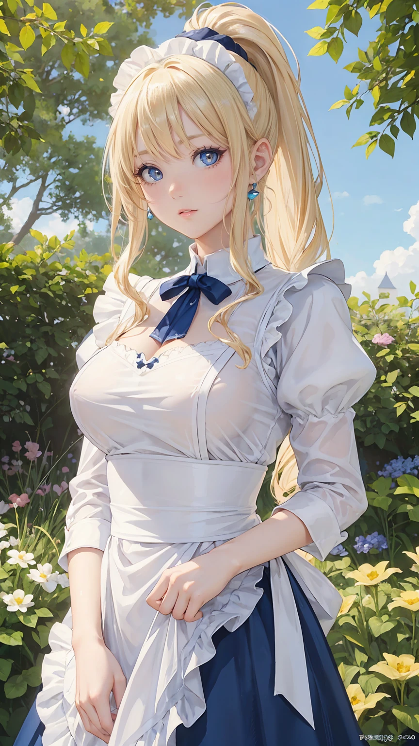 (masterpiece:1.2), (highest quality:1.2),, Curvy but slender body, perfect eyes, perfect face, perfect lighting, 1 girl, in the garden, (blouse), (Lady), (noble), (maid), (ponytail), curly hair, fine clothes, detailed outdoor background, compensate, eye shadow, thick eyelashes, fantasy, looking at the viewer, whole body, blue sky, Bright and very beautiful face, young shiny glossy white shiny skin, the best beauty, the most beautiful bright blonde hair in the world, thin hair, long hair, Shining beautiful bangs, big shining blue eyes, Very beautiful and lovely 18 years old, the most beautiful girl in the world, small breasts