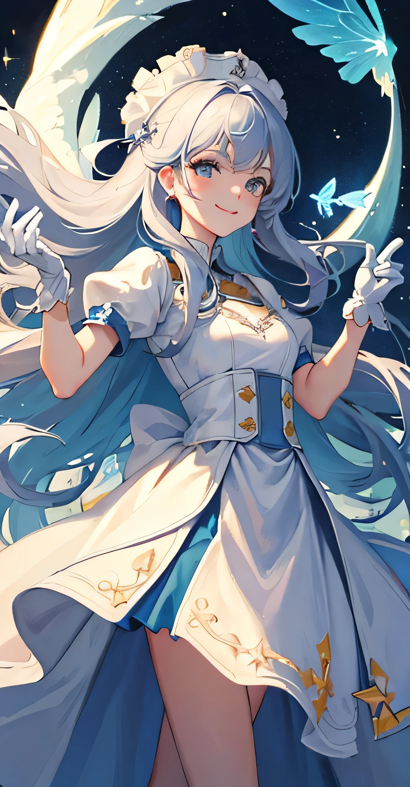 (((((best quality,White gloves))))), {1 girl}, ((masterpiece)), (High resolution), Official Art, ((((starSky))), ((((masterpiece))), (floating long hair, floating dress), ((( masterpiece, best quality, Extremely detailed)))), curls, { (((future)))}, floating, Skyline, Silk dress, night, starSky, Sky, Butterfly, Star, Dreamy, birds, shiny bits, From below, luminous geometry, Smile, masterpiece
