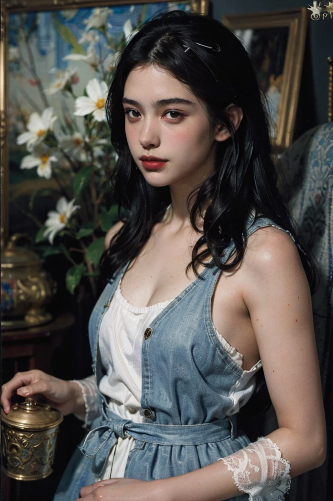 (masterpiece, top quality, best quality,8k,17 years old girl,ultra detailed,raw photo:1.5),(photorealistic:1.4), PerfectNwsjMajic, , Surrealism, UHD, ccurate, Super detail, textured skin, High detail, Best quality, dynamic angle, (high nose,White skin),[Beautiful eyes],[flat chest:large breasts:0.5],(1girl),(good anatomy:0.5)),(Oil painting: 1.5),

\\

A woman with long black straight hair,(cocotte dress,france), (a detailed painting: 0.353), (Gothic art: 0.106)