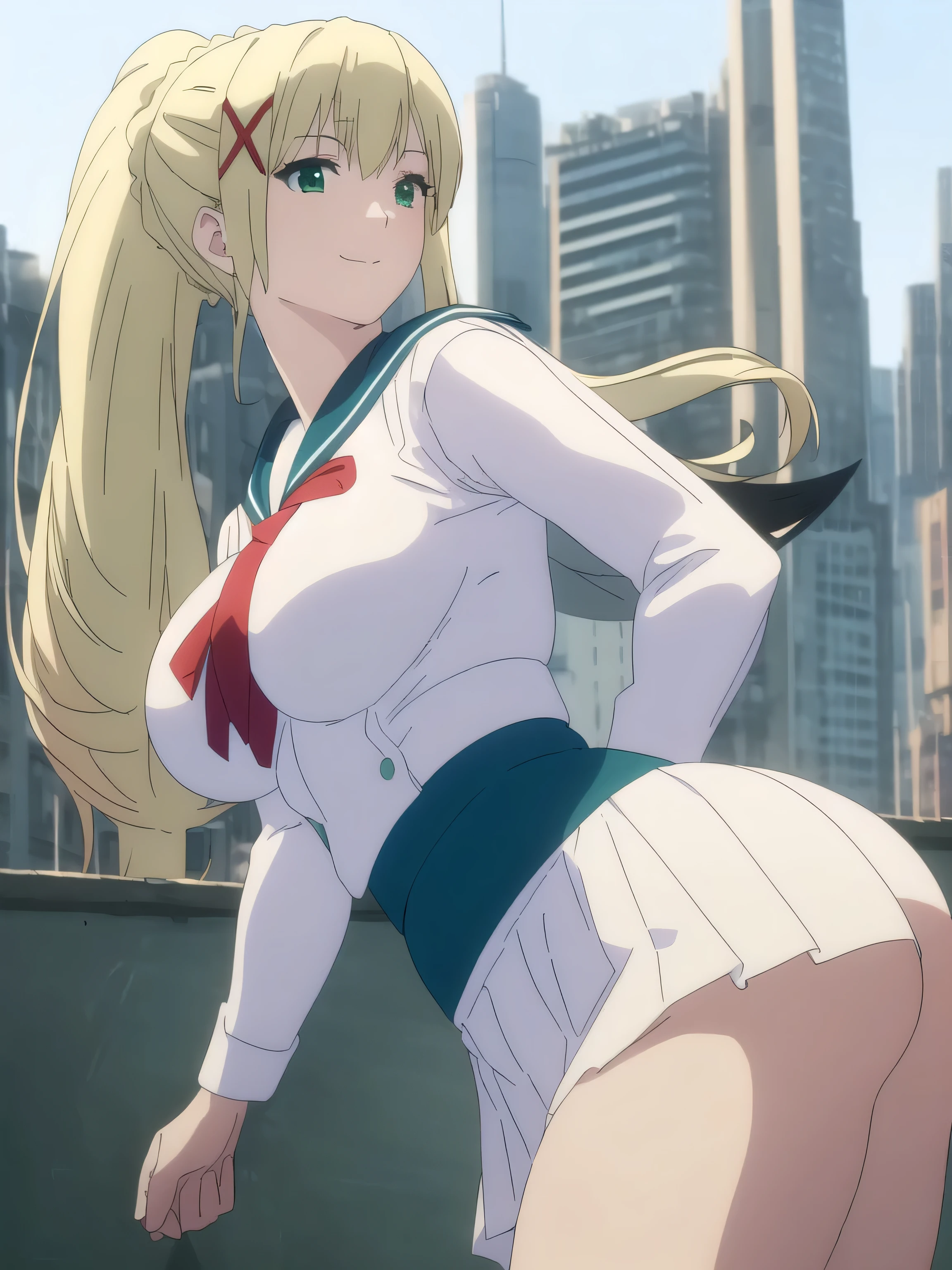 (Masterpiece, top quality, highly detailed, 16K anime high resolution, anime style, clean brush strokes, highly detailed, anatomically perfect body), 1 girl, ((lalatina dustiness ford)), ( perfect face, very detailed), smile, beautifully detailed eyes, purple eyes, (long hair, (green eyes: 1.3), blonde, hair ornament, ponytail, braid, x hair ornament), tabletop, (big breasts: 1.1), (Sailor suit, blue collar, white line), (Red tie), Smooth body line, Wide waist: 1.0, Big butt: 1.0, Beautiful legs, (SEXY pose), Wearing a navy blue skirt, Facing this way, (city background), (front photo, shot from below),