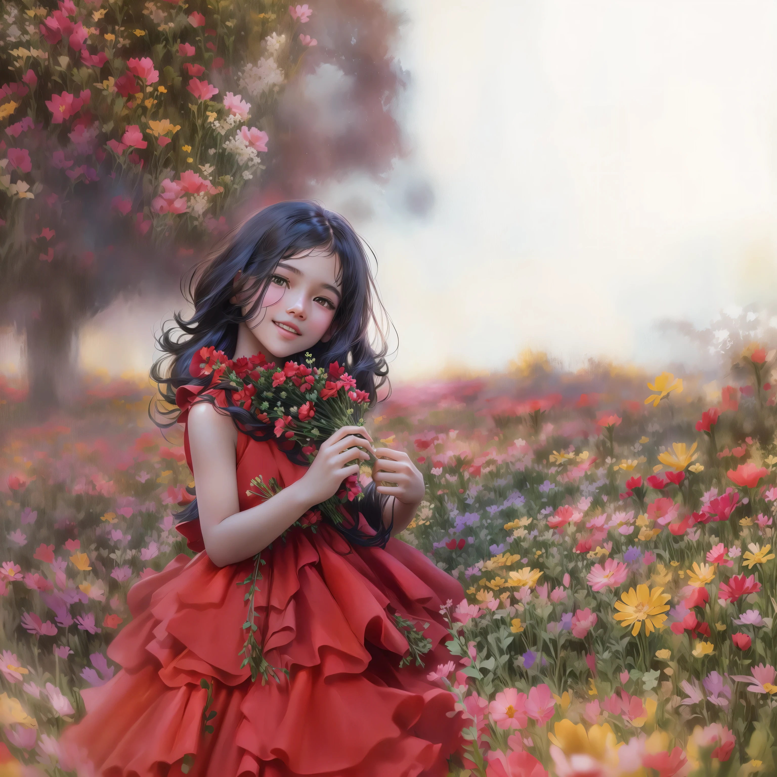 there is a young girl in a red dress standing in a field of flowers, girl in flowers, girl standing in flower field, portrait of girl in flower field, girl standing in a flower field, girl in a flower field, girl wears a red dress, covered with flowers, cute beautiful, modeling photography, girl dancing in a flower field, girl walking in a flower field