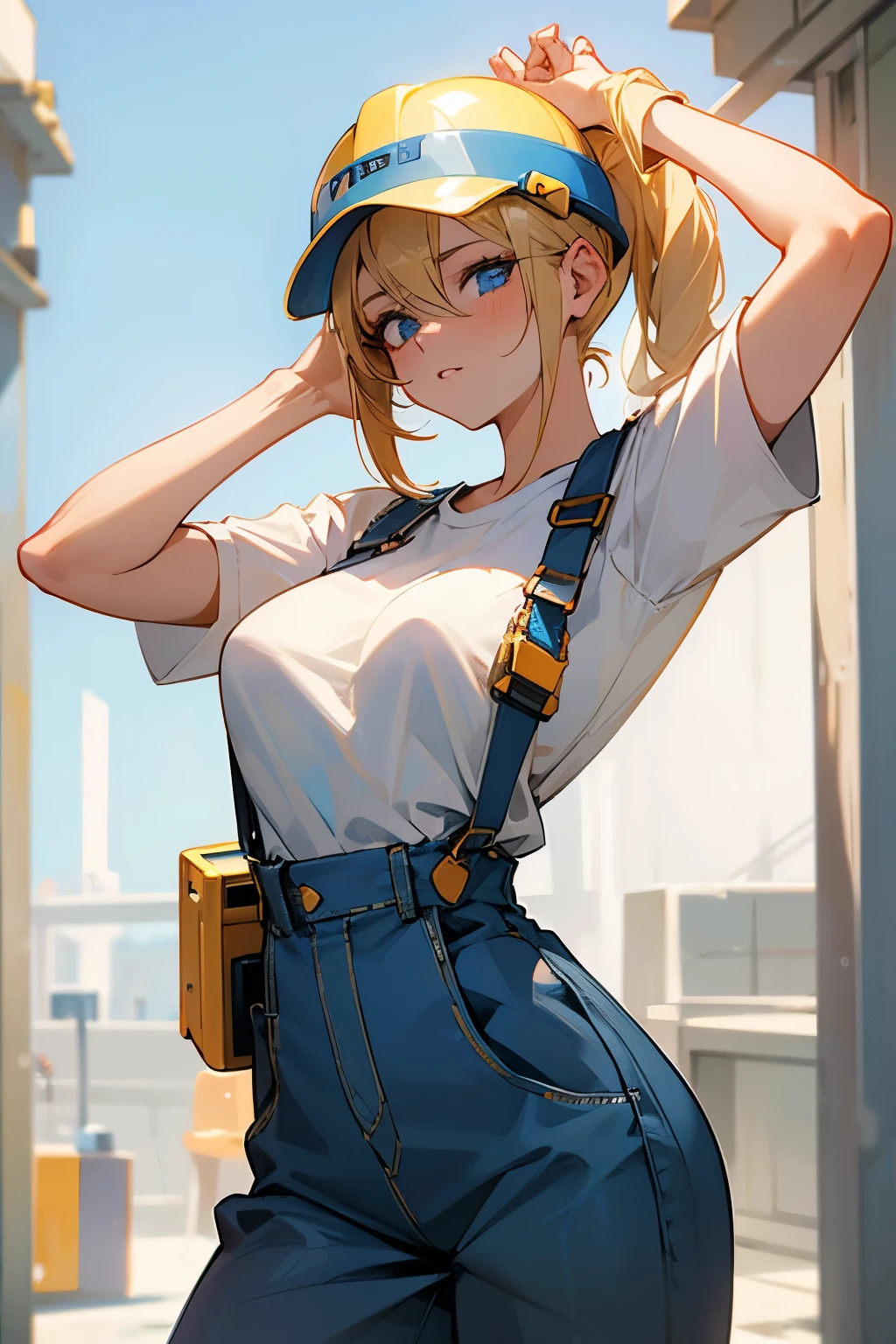 a beautiful young 20-year-old blond woman with pinned-up blond hair, He wears a white T-shirt and blue dungarees, Wearing a construction helmet and a tool belt, Hintergrund eine Baustelle