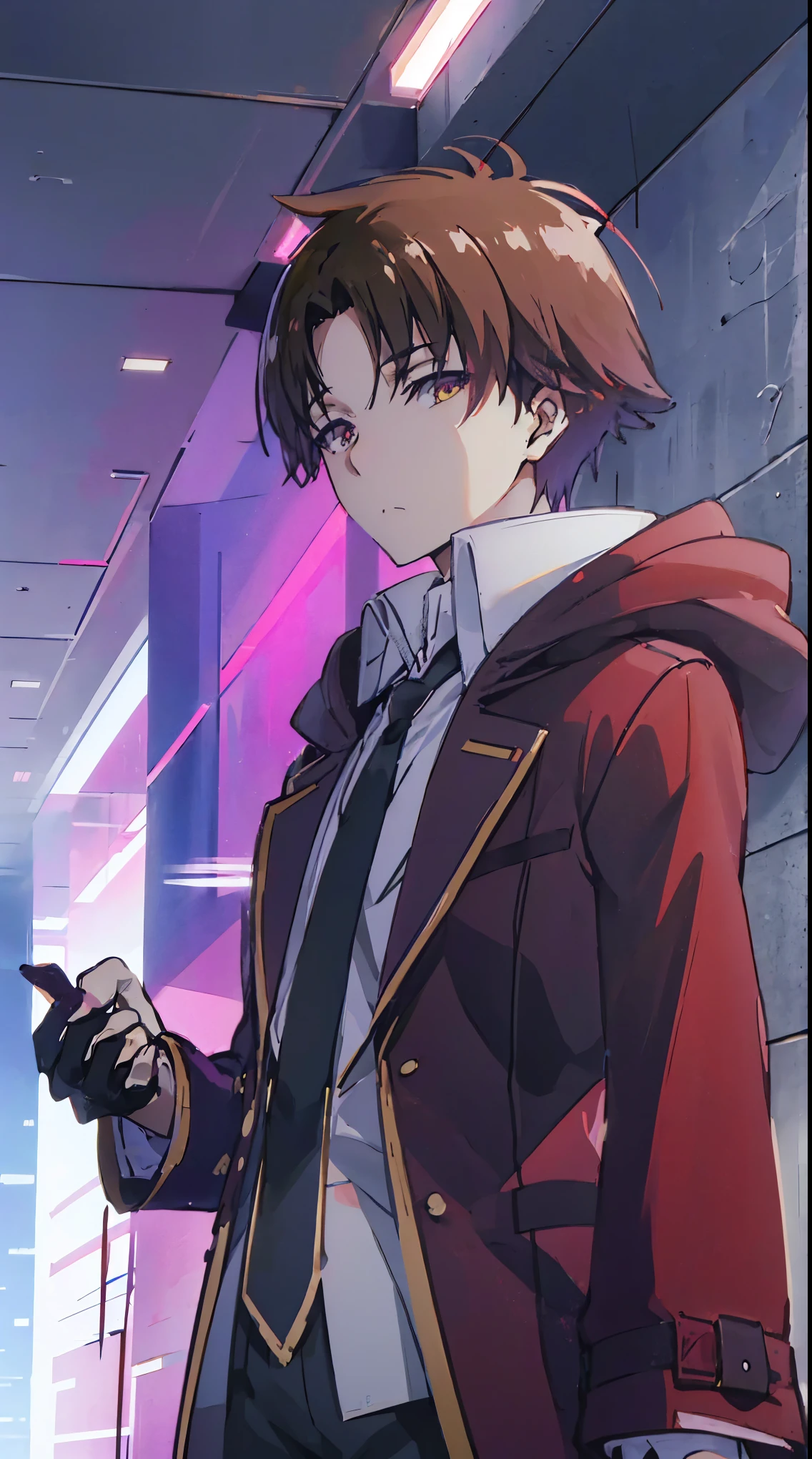 ayanokouji kiyotaka, 1, Enfoque masculino, cabelo castanho, Pov, capa preta com capuz, abrigo negro, sobretudo, luvas pretas, Black Pants, olhos vermelhos, olhos brilhantes, olhando para o espectador, roxo ardente,