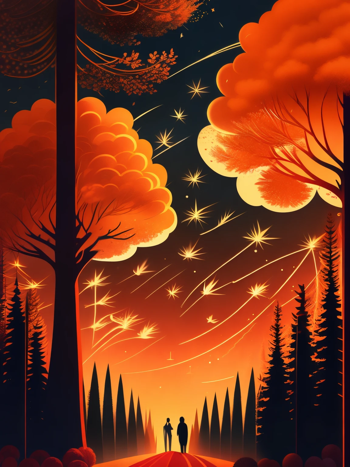 A pine and cypress tree in an autumn landscape, Cover Design, The immortal looked at him, Bustling fireworks,A well,Vector Art