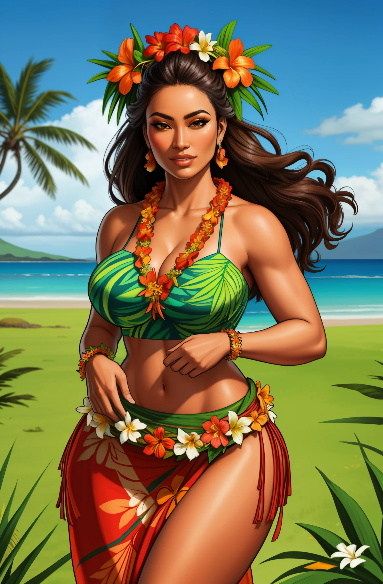 Hawaiian woman wearing a garland of flowers, girl wearing a lei, grass skirt, topless, pubic hair
