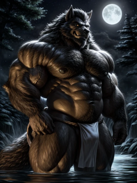 A burly, virile, and hairy werewolf with distinct wolf ears and a bushy tail, standing tall and proud against a full moonlit sky. His fur is thick and majestic, framing a powerful physique that is overmuscular and musclebound to the extreme. His broad shoulders and massive chest are accentuated by a thick mane of fur that cascades down his torso, while his overly thick arms and legs are covered in a lush, dark fur. The werewolf's body is a hulking figure, swelling with swollen muscles, veins bulging against his skin. His face is dominated by a long, bushy beard and a thick mustache, and his hair, which is beginning to grey with age, only serves to add to his rugged and imposing appearance. He is dressed in a traditional fundoshi, a Japanese loincloth, which struggles to contain his immense size and bulk. The werewolf's eyes glow a chilling shade of amber, reflecting the power and ferocity that simmers just beneath the surface of his burly exterior.