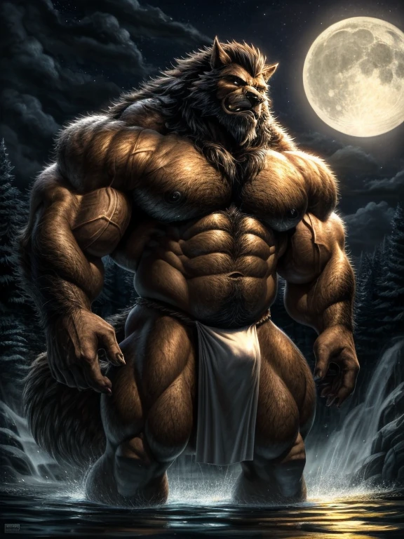 A burly, virile, and hairy werewolf with distinct wolf ears and a bushy tail, standing tall and proud against a full moonlit sky. His fur is thick and majestic, framing a powerful physique that is overmuscular and musclebound to the extreme. His broad shoulders and massive chest are accentuated by a thick mane of fur that cascades down his torso, while his overly thick arms and legs are covered in a lush, dark fur. The werewolf's body is a hulking figure, swelling with swollen muscles, veins bulging against his skin. His face is dominated by a long, bushy beard and a thick mustache, and his hair, which is beginning to grey with age, only serves to add to his rugged and imposing appearance. He is dressed in a traditional fundoshi, a Japanese loincloth, which struggles to contain his immense size and bulk. The werewolf's eyes glow a chilling shade of amber, reflecting the power and ferocity that simmers just beneath the surface of his burly exterior.