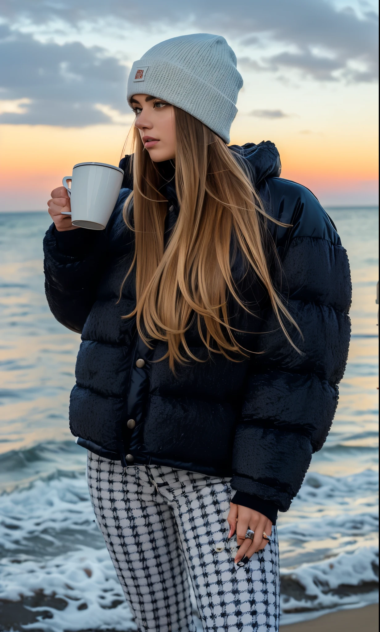a woman standing on the beach holding a cup of coffee, frio como gelo! 🧊, model wears a Casaco puffer, vestindo um pescador 🧥, Casaco puffer, cozy vibes, por Emma Andijewska, vestindo uma gola alta e jaqueta, pelo iraquiano Nadar, por Anna Haifisch, Direction: Sydney Carline