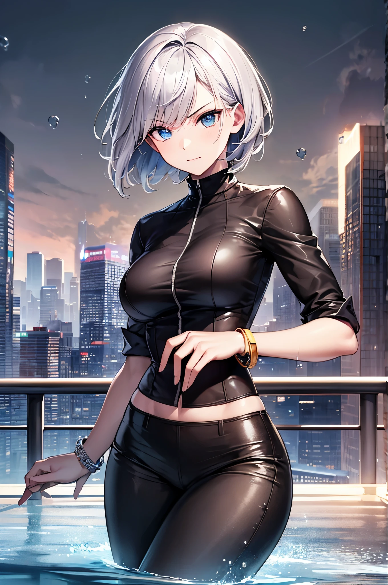 (masterpiece, highest quality, Super detailed),(One girl), blue eyes, short hair, Dynamic Angle, Dynamic pose, Natural light, floating, (Color Top:1.2|Black Top), (Tight Skirt:1.2|Leather pants:0.9), (Silver Bracelet:1.2|clock), (Natural background:0.8| Cityscape), (smile:0.8| Serious expression), (Light in the hair), lots of water droplets:0.8