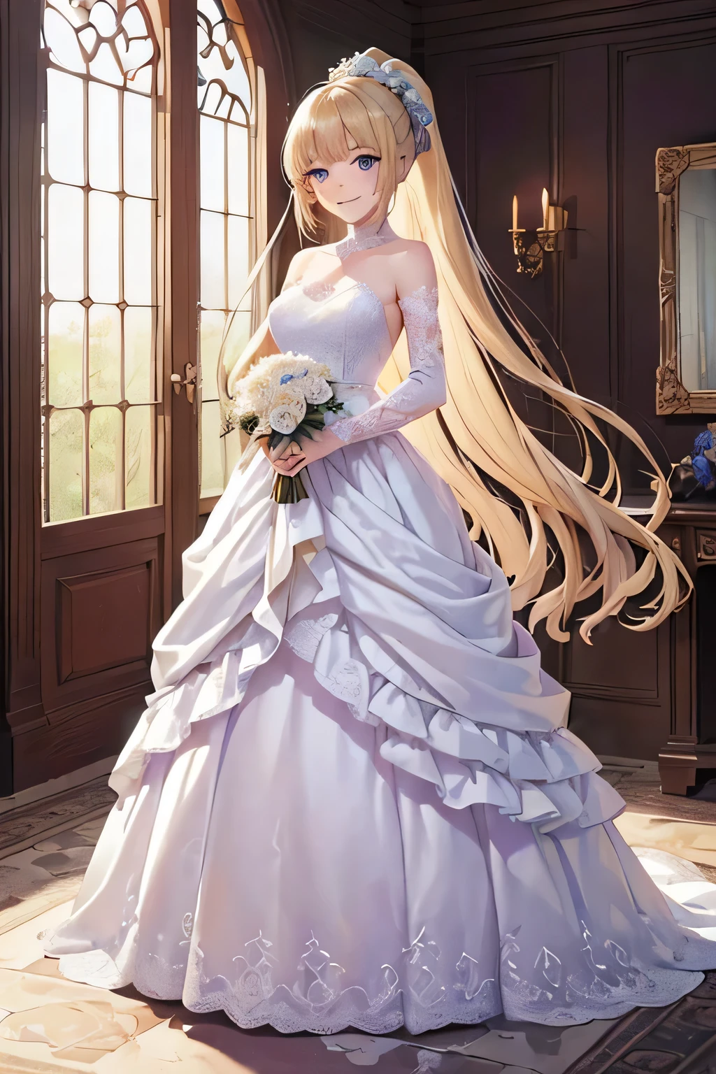 (masterpiece, top quality, best quality, official art, beautiful and aesthetic:1.2), (1girl:1.3), extremely detailed, highest detailed, parted lips,wallpaper,beautiful violet eyes, long hair, beautiful blonde hair, ponytail hairstyle, bangs, (happiness, beautiful smile, happy expression, happy face), whitewedding dress, (full body shot), holding a flower