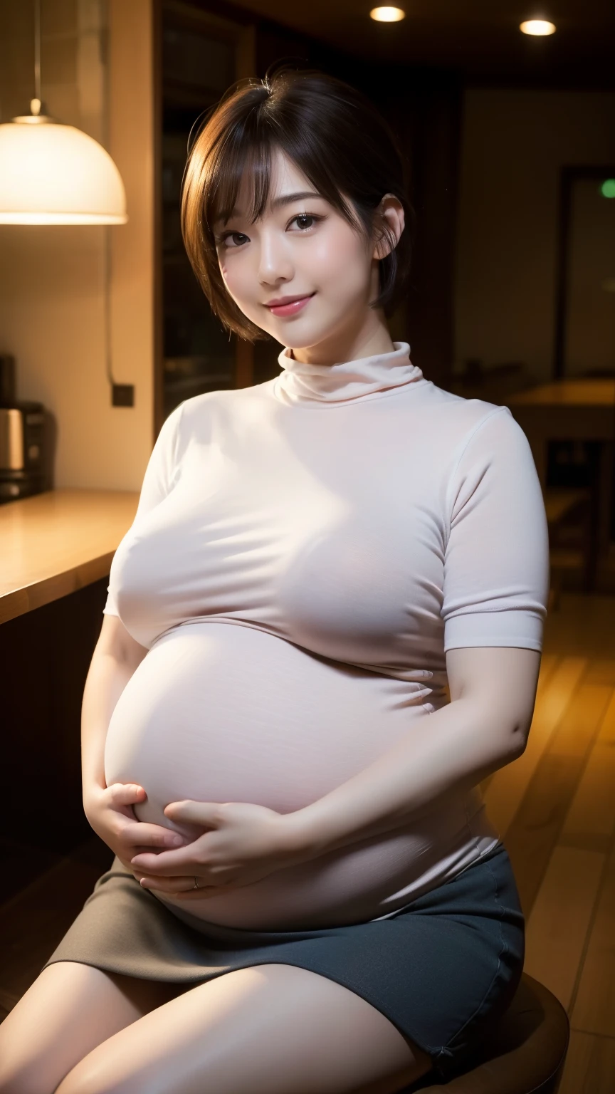 ((masterpiece))、((highest quality))、picture、reality、High level image quality、super detailed、((huge pregnant))、（plump body）、delicate features、short hair、Realistic background and accessories、big and full breasts、sexy smile、（restaurant、Sit on the side）、tight high neck shirt、See-through、tight mini skirt、((dark room))、((Indirect lighting only))、deep shadow、zoom shot、