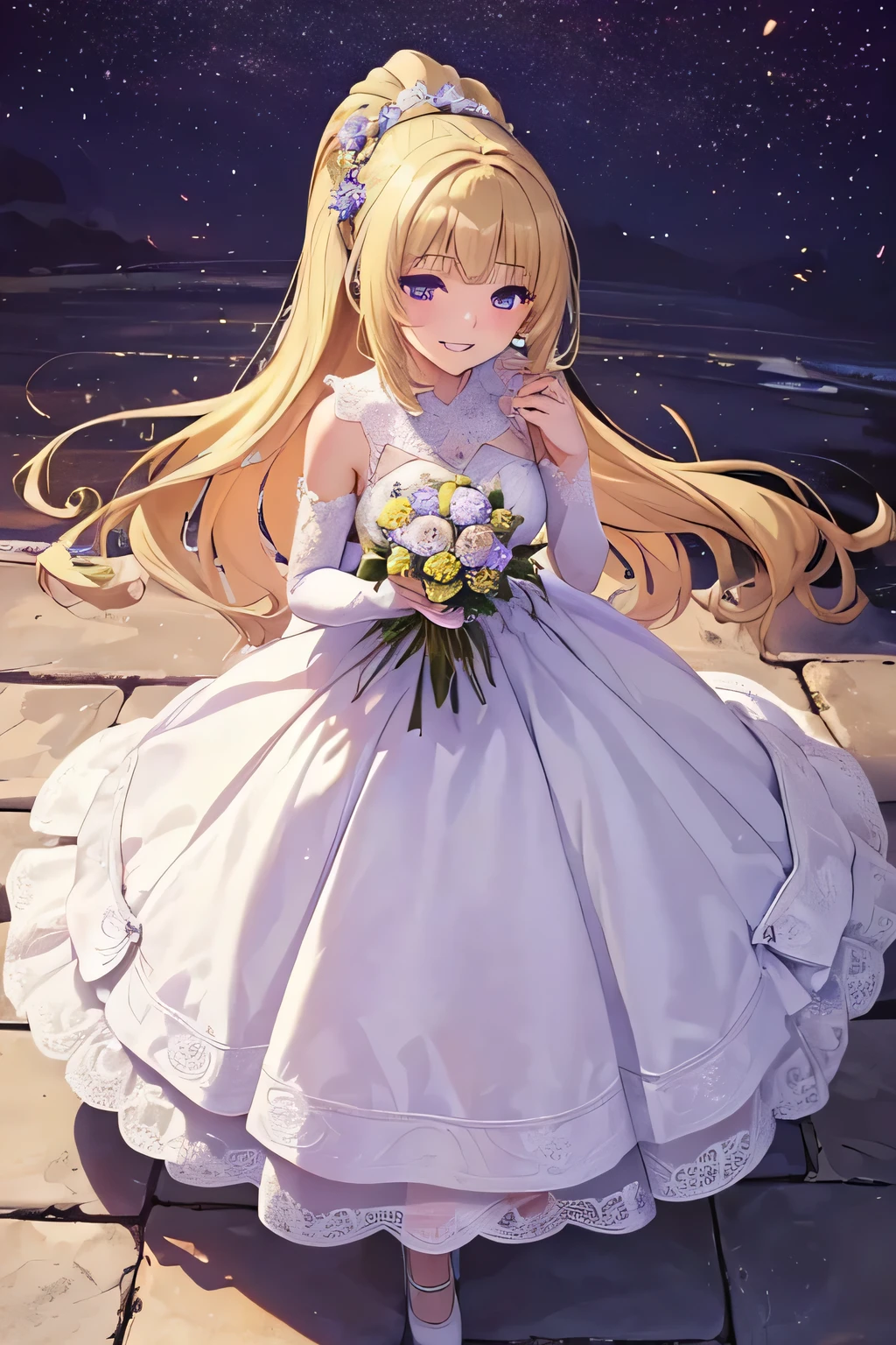 (masterpiece, top quality, best quality, official art, beautiful and aesthetic:1.2), (1girl:1.3), extremely detailed, highest detailed, parted lips,wallpaper,beautiful violet eyes, long hair, beautiful blonde hair, ponytail hairstyle, bangs, (happiness, beautiful smile, happy expression, happy face), whitewedding dress, (full body shot), holding a flower