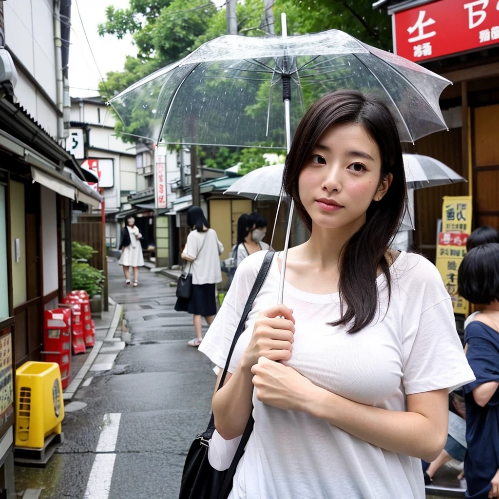 beauty、Japan.Big Breasts、Short sleeve knit、The weather is rainy、Holding an umbrella