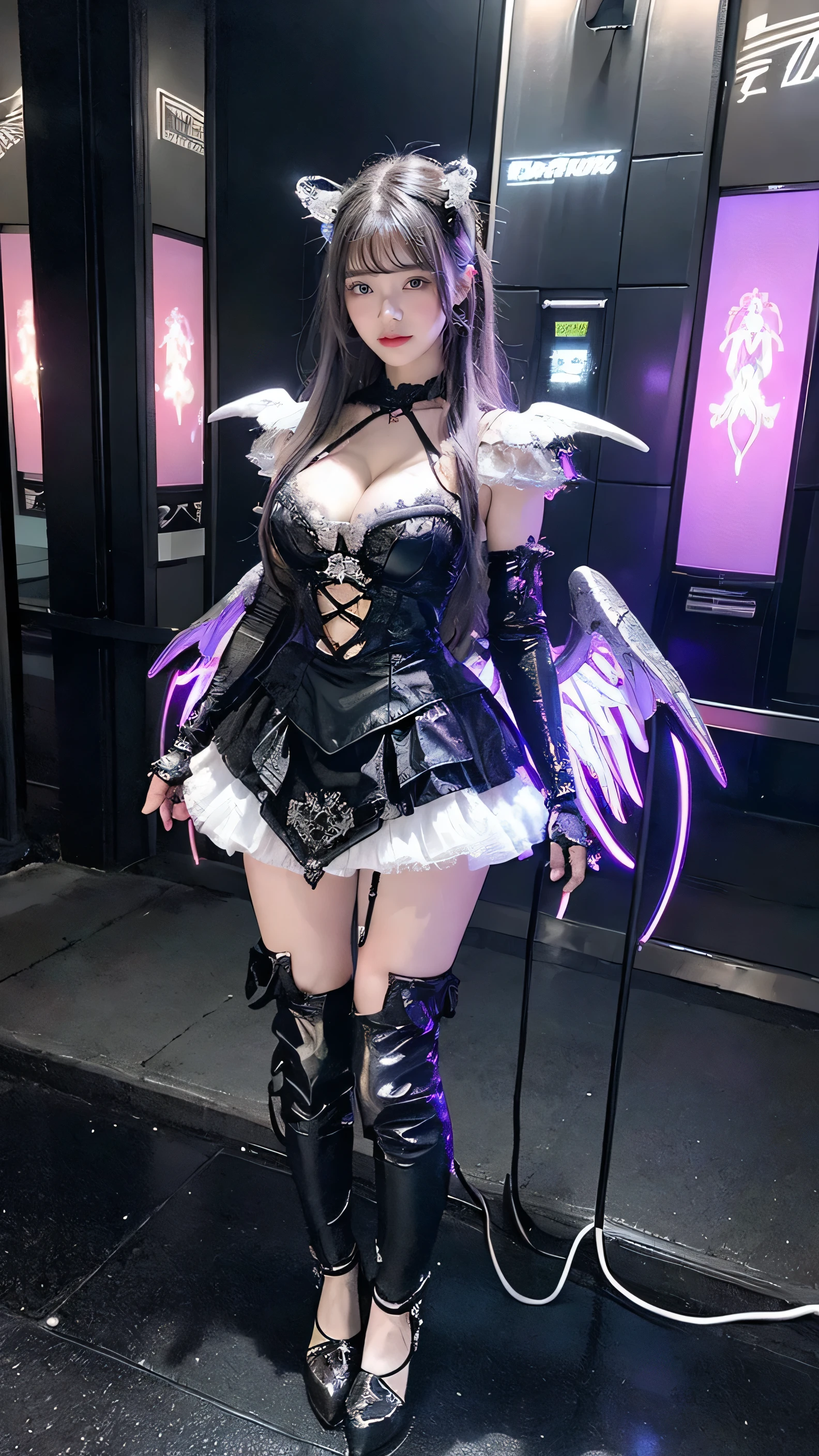 (((Full Body Shot)))、(((Full Body Shot)))、(((Full Body Shot)))、Highest quality、masterpiece、High resolution、(Realistic:1.4)、RAW Photos、Battle Cyborg Angel、Big metal wings、White porcelain body、Acrylic clear cover、Gray Hair、Glowing Skin、1 Cyborg Girl、beautiful girl、 ((Ultra-Realistic Details))、Global Illumination、Shadow、Octane Rendering、8K、Ultra Sharp、Character edge light,Big Breasts、Raw skin exposed by cleavage、Gothic Lolita intricate decorative details、Hydraulic cylinder、 ((Small LED Lamp))、Very intricate detail、Realistic Light、Purple eyes、Shining Eyes、(Neon Details)、Futuristic headgear、About Cyberpunk.