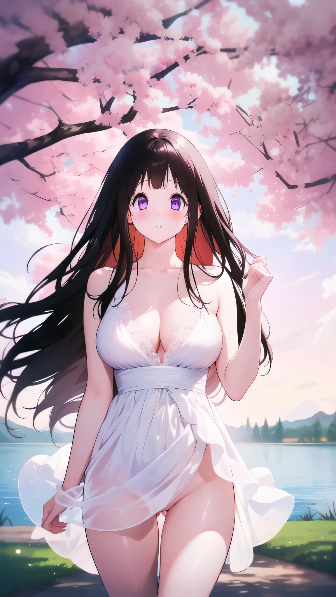 Amazing Chitanda, There is only one beautiful girl,Purple Eyes, Black Hair, Very red face,Very white skin,Glowing skin,Skin as delicate as porcelain,Naturally straight hair, Straight bangs,Extremely refined,Open lips,Long flowing hair,Beautiful Girl, Like a dream,Slim,Slim waist,Soft, (Sensual), (Kawaii), Dream quality,Beautiful big breasts,Areola,Completely naked,Standing on the side,Wearing a transparent wedding dress,Deep V neckline,Loose neckline,Wide neckline,in the park,Light transmission,Under the cherry trees,no pants,pussy juice,Bare shoulders,Bare neck,Exposed collarbone,Exposing breasts,Exposing breasts side,Show your waist,Show your buttocks,Show your thighs,Exposing the groin,No pants,extremely shy,Ultra-high resolution, (masterpiece:1.2, best quality), (Delicate and beautiful eyes: 1.2), (Beautiful and delicate face)