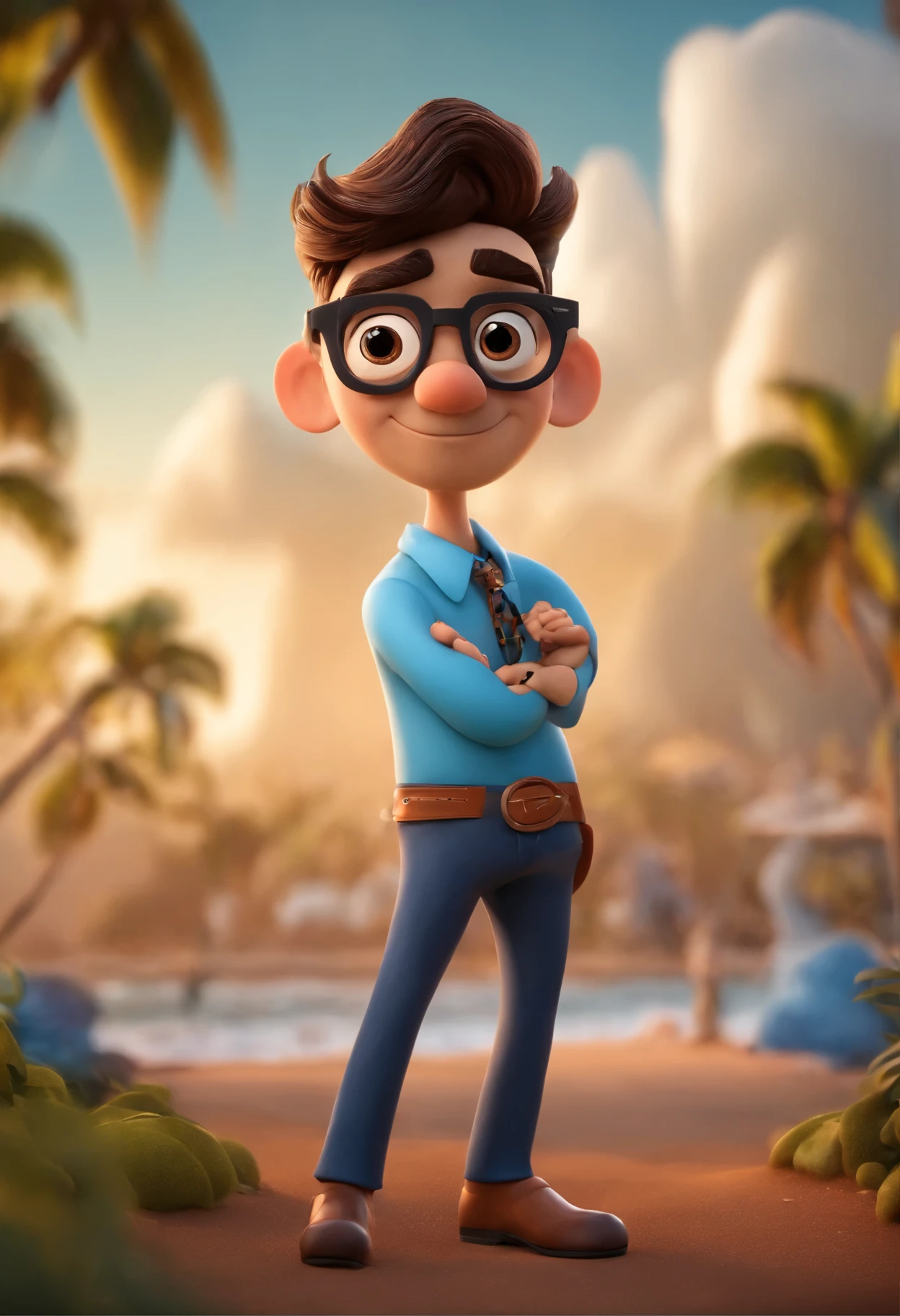 Cartoon character of a man in round black glasses, bigode e barbicha e camisa azul com laranja, um personagem animado, Caractere estilizado, animation style rendering, 3D estilizado, Arnold Maya rendering, Stylized 3D rendering, toon render screenshot, Personagem 3D, Personagem 3D, Stylized 3D rendering, 3D character rendering, personagem de desenho animado, Personagem de close up, Pose de personagem, (Estilo Pixar) (parte mestre:1.2) (Bokeh) (melhor qualidade) (pele detalhada) (textura detalhada) (8K) (argila) (cinematic lighting) (sharp focus，Senta e vaza a parte superior do corpo