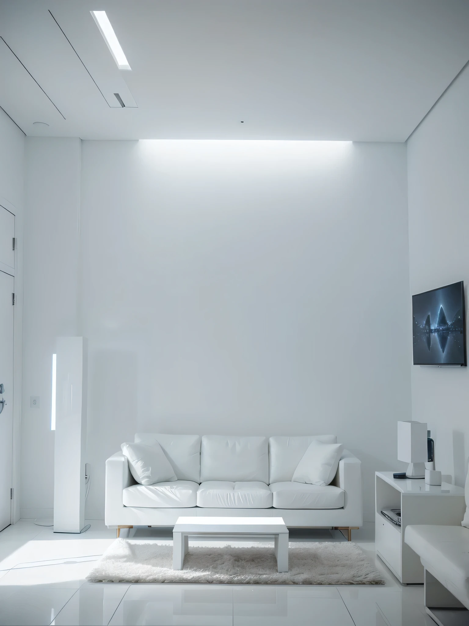 White ceiling and a white couch, futuristic dramatic lighting, minimalistic looking living room, clean interior, futuristic room, minimalistic decor, volumetric interior lighting, dramatic white and blue lighting, stunning volumetric lighting, glowing interior lighting, futuristic decoration, dramatic and dynamic lighting, white accent lighting, dramatic ambient lighting, award winning interior design, futuristic lighting, big photo frame in the wall behind sofa. White photo frame with a milky way picture in it.