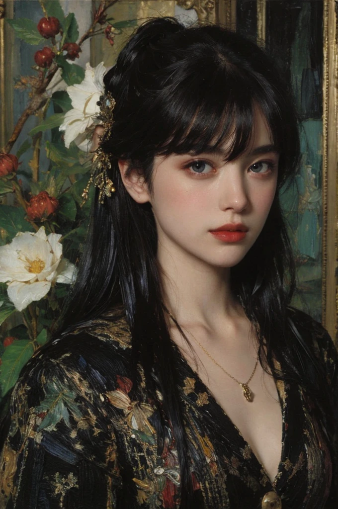 (Oil painting: 1.5),
\\
A woman with long black hair, (a detailed painting: 0.353), (Gothic art: 0.106), hairstyle