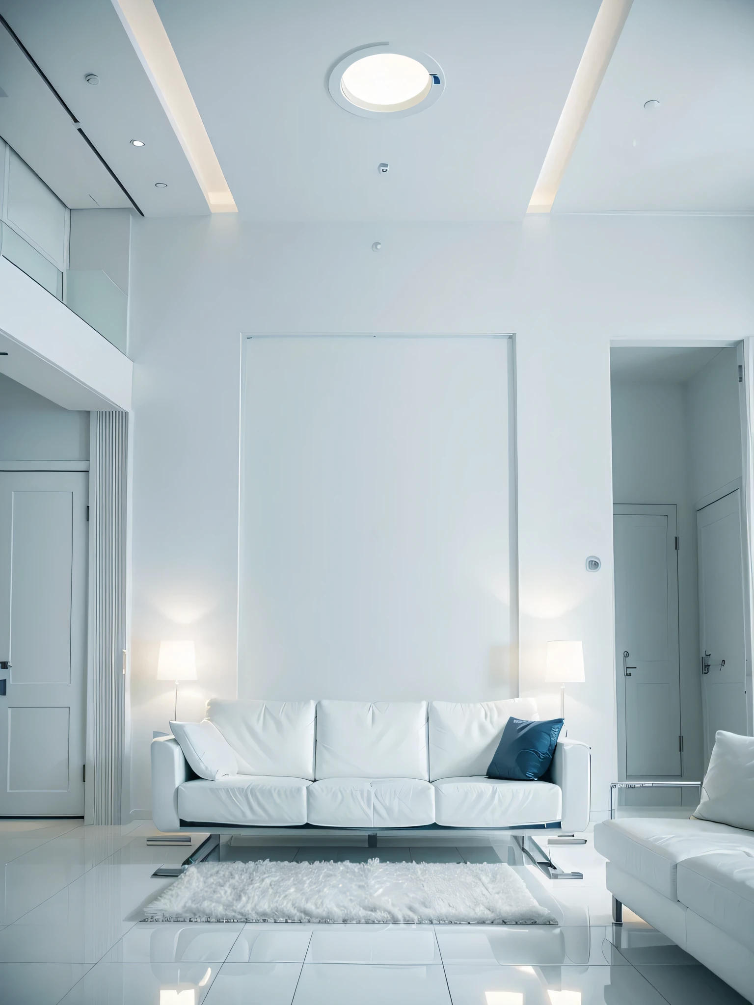 White ceiling and a white couch, futuristic dramatic lighting, minimalistic looking living room, clean interior, futuristic room, minimalistic decor, volumetric interior lighting, dramatic white and blue lighting, stunning volumetric lighting, glowing interior lighting, futuristic decoration, dramatic and dynamic lighting, white accent lighting, dramatic ambient lighting, award winning interior design, futuristic lighting, big photo frame in the wall behind sofa. White photo frame with a milky way picture in it.