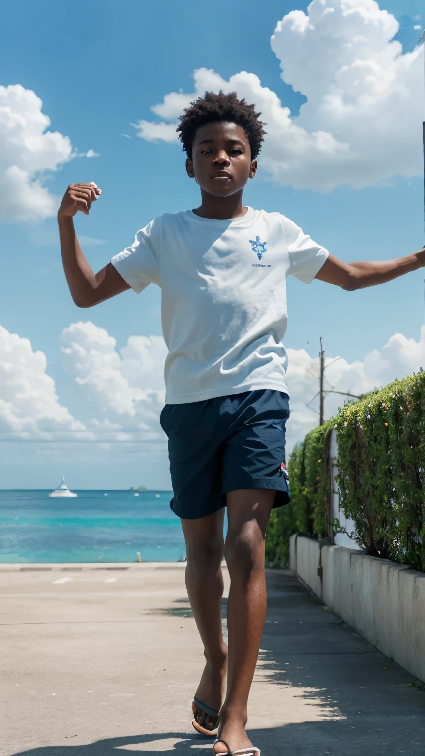 black boy flying in flip-flops in shorts and shirt with white clouds and blue skies in realistic and cinematic anime style scenery in 4k