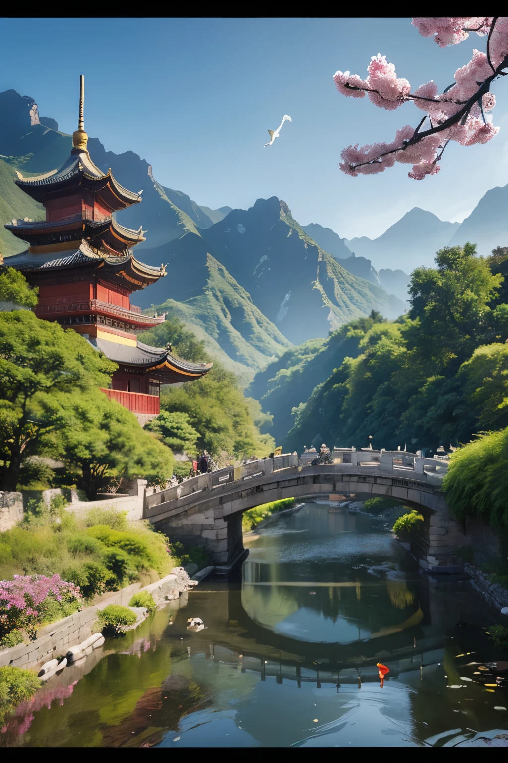 Landscape Painting - Mountains and Rivers、river、Waterfall ink painting - black and white or light color ink effect Classical architecture - pavilions and towers、palace、Great Wall Flower and Bird Painting - Plum, Orchid, Bamboo and Chrysanthemum、Lotus、Crane、Koi Traditional Festival - Chinese New Year、Lantern Festival、Mid-Autumn Festival scene cultural symbol - Dragon、phoenix、Tai Chi Pattern Calligraphy - Running Script、cursive、Peking opera masks in the styles of seal script and other styles - Peking opera characters' masks Traditional costumes - Hanfu、cheongsam、Ancient Tang costume characters - 、Martial arts characters、Literati and Yashi