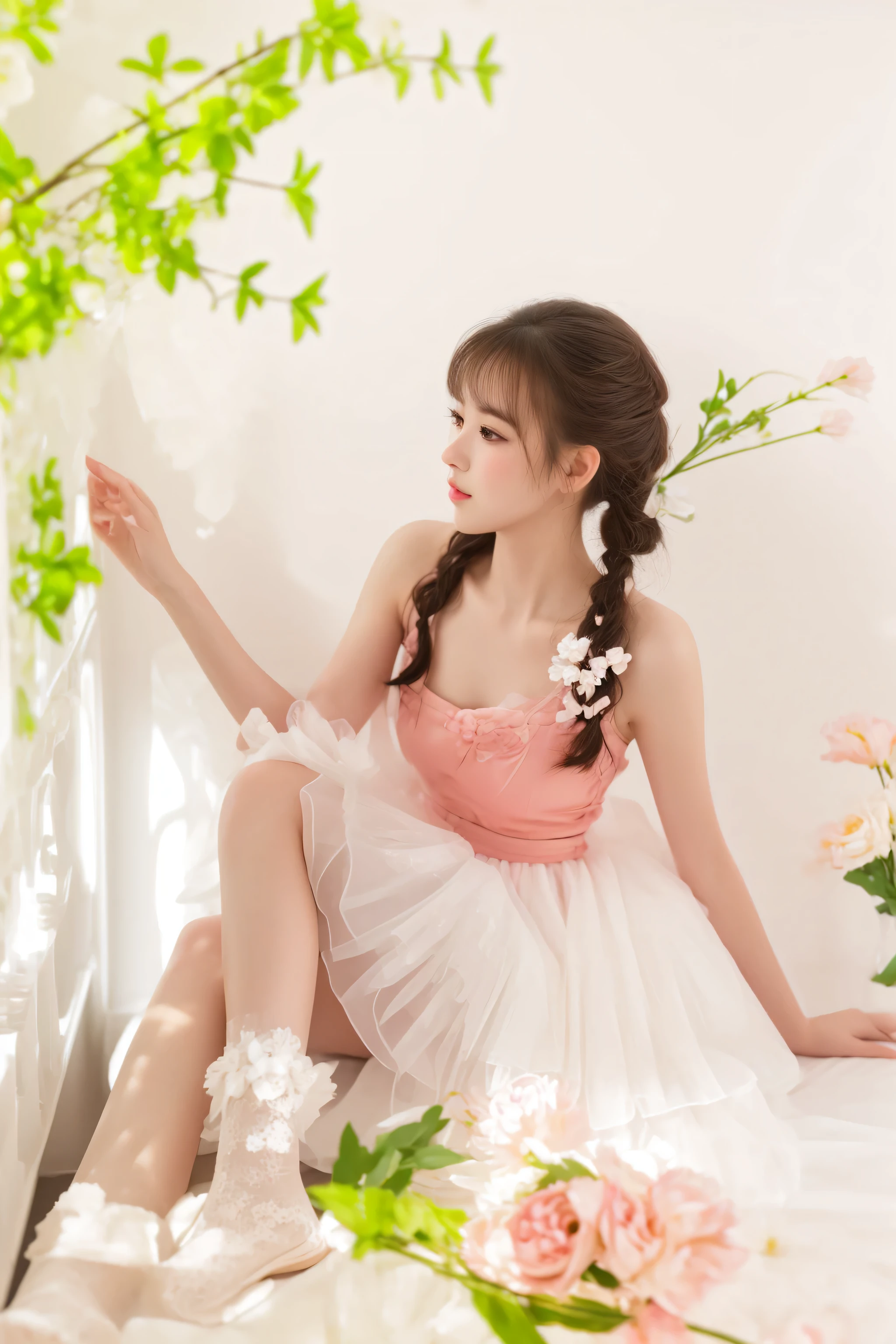 there is a woman sitting on a bed with flowers and a vase, cute elegant pose, chiho, esthetic photo, white background : 3, cute photo, cute and lovely, side pose, sha xi, girl graceful, Ghost Festival, photoshoot, lovely and cute, cute photograph, sitting with flowers, portrait image, concept photoset