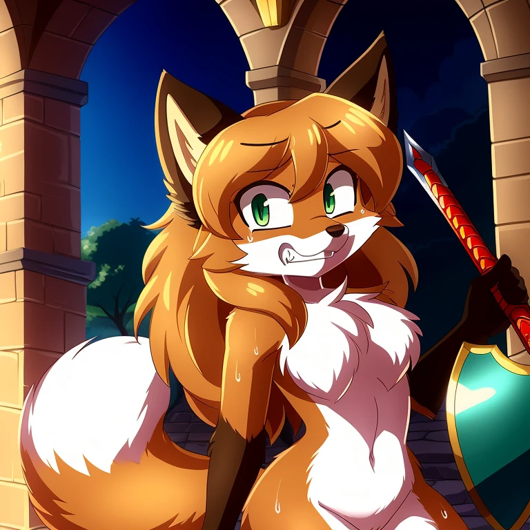 Nervous smiling, uploaded the e621, castle background beautiful and detailed, woman (((female))) ((anthro)) Fox, (Averi, Fox girl), cinematic lighting, Fox, (anthro, fluffy fur, character focus:1.1), 1girl, anthro fox girl, body fur, curvy, sexy, nice, cute, hot, comfortable anime-style cartoon-style, digital drawing, fully open eyes, green eyes, SFW, flat chest, sword, shield, has sword and shield, scared expression, clenching teeth, sweating, sweat on head, sweat, fighting a dragon, dragon, imminent vore, smiling smug dragon, looking scared, fighting pose