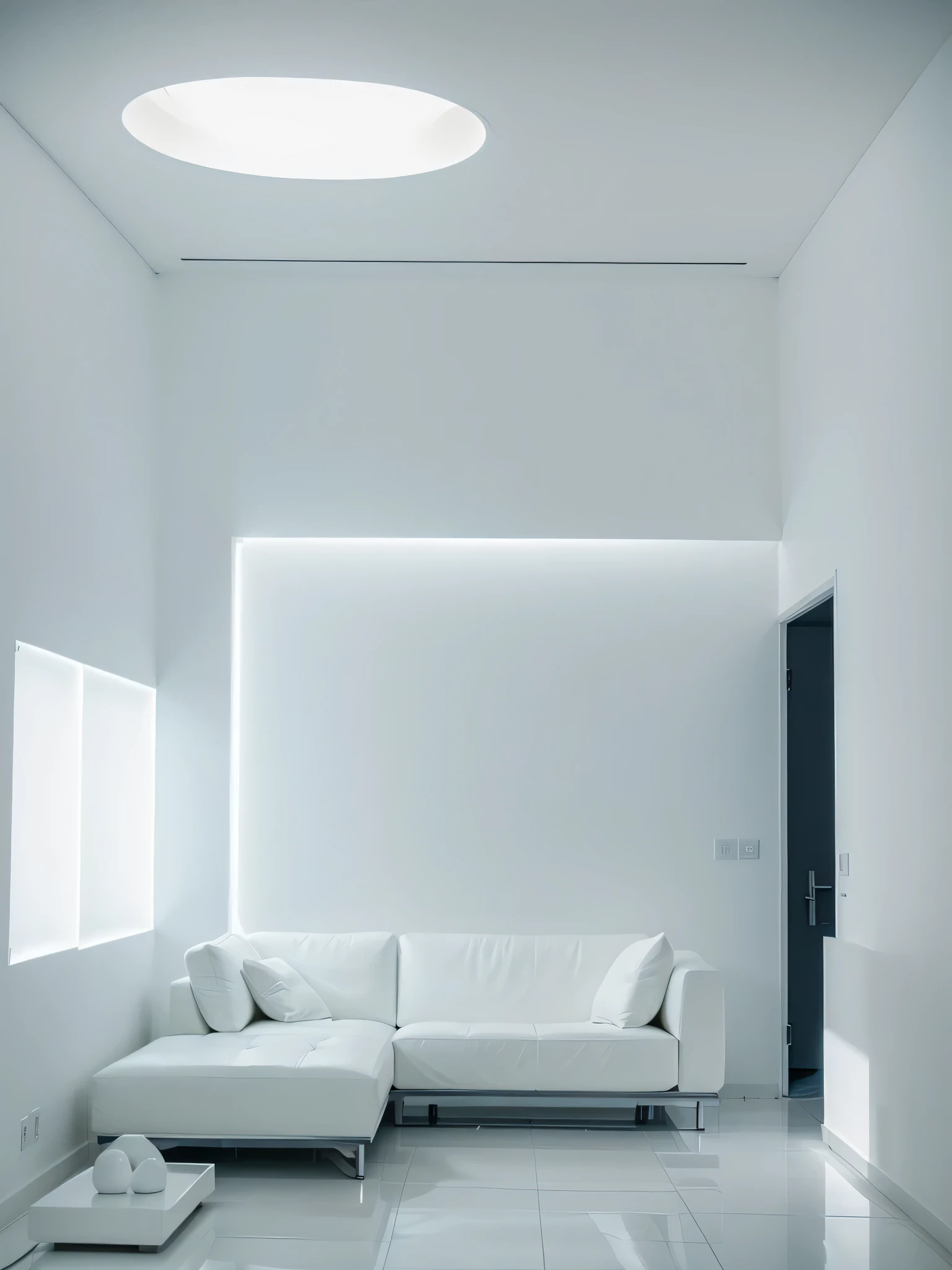 White ceiling and a white couch, futuristic dramatic lighting, minimalistic looking living room, clean interior, futuristic room, minimalistic decor, volumetric interior lighting, dramatic white and blue lighting, stunning volumetric lighting, glowing interior lighting, futuristic decoration, dramatic and dynamic lighting, white accent lighting, dramatic ambient lighting, award winning interior design, futuristic lighting, big photo frame in the wall behind sofa. White photo frame with a milky way picture in it.