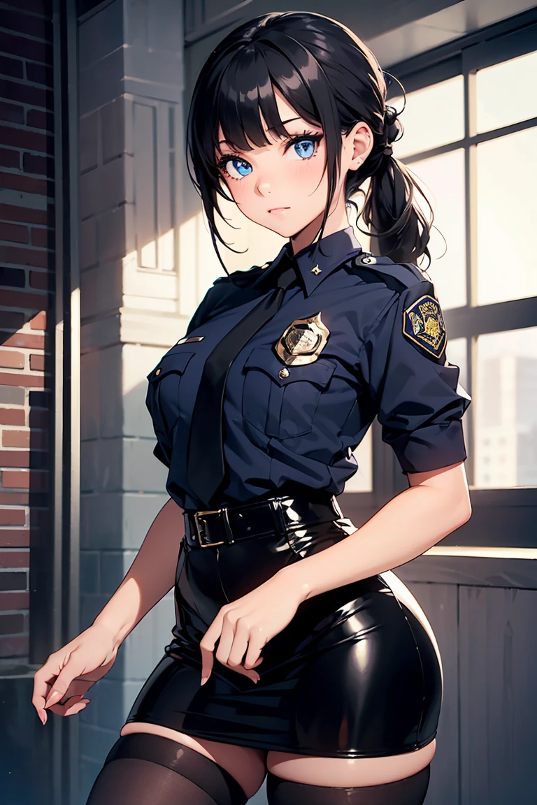 ((1 girl)), police officer, ,Bad mood, mini skirt,black tights,((Very detailed,highest quality, High resolution, 8k wallpaper, Beautiful clothes)),((Black shiny hair, Hair tied up)), (Asymmetrical bangs) ,(Bright beautiful eyes),eye shadow, eyeliner,Glow Eye, Very detailedな目, Beautiful eyes with highlights, Sparkling bright blue eyes, 18-year-old girl