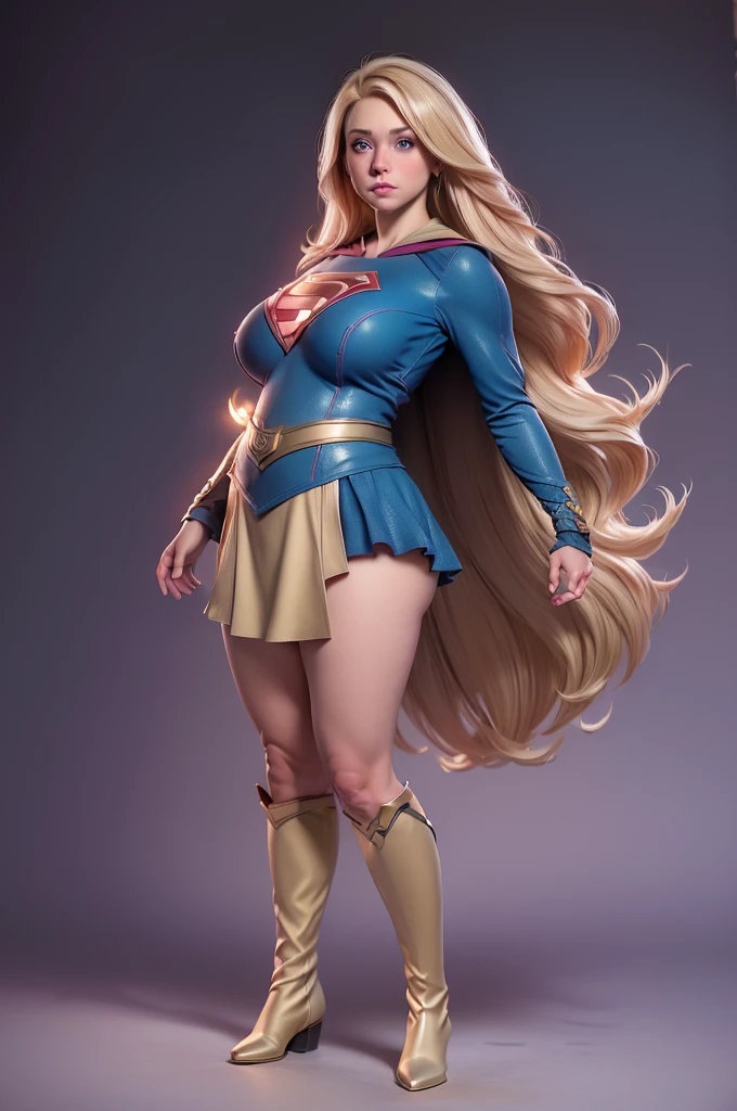 (8K, Best Quality, Photorealistic, masutepiece:1.2), super girl, Blue eyes, Blonde hair, Long hair, Cape, Superhero, Skirt, long boots, (Blonde girl:1.5), (Breast Focus:1.2), (Realistic:1.2), (Far View: 1.2), (Realism), (masutepiece:1.2), (Best Quality), (ultra-detailliert), (8K, 4K, Convoluted), (full body Esbian:1.5), (85 mm), light Particle, Lighting, (Highly detailed:1.2), (Detailed face:1.2), (gradients), SFW, Colorful, (Detailed eyes:1.2), (Detailed background), (Dynamic Angle:1.2), (Dynamic Pose:1.2), (rule of third_Composition:1.3), (Line of action:1.2), Wide Shot, Daylight, Solo. (chubby:1.2)
