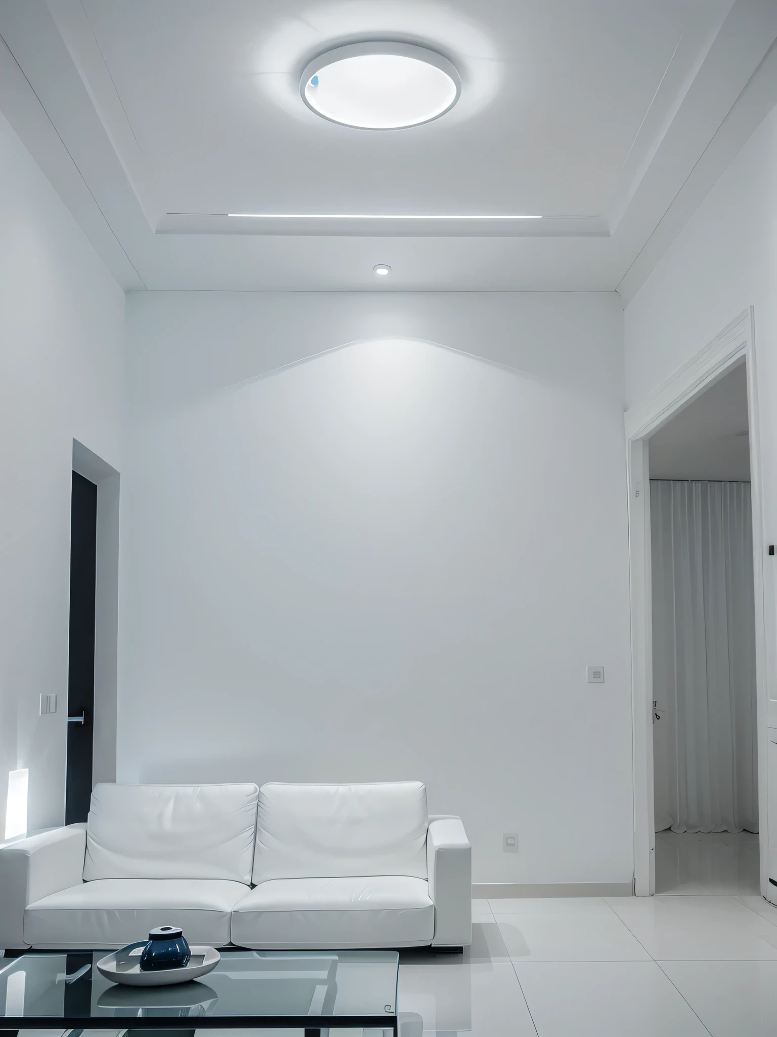 White ceiling and a white couch, futuristic dramatic lighting, minimalistic looking living room, clean interior, futuristic room, minimalistic decor, volumetric interior lighting, dramatic white and blue lighting, stunning volumetric lighting, glowing interior lighting, futuristic decoration, dramatic and dynamic lighting, white accent lighting, dramatic ambient lighting, award winning interior design, futuristic lighting, big photo frame in the wall behind sofa. White photo frame with a milky way picture in it.