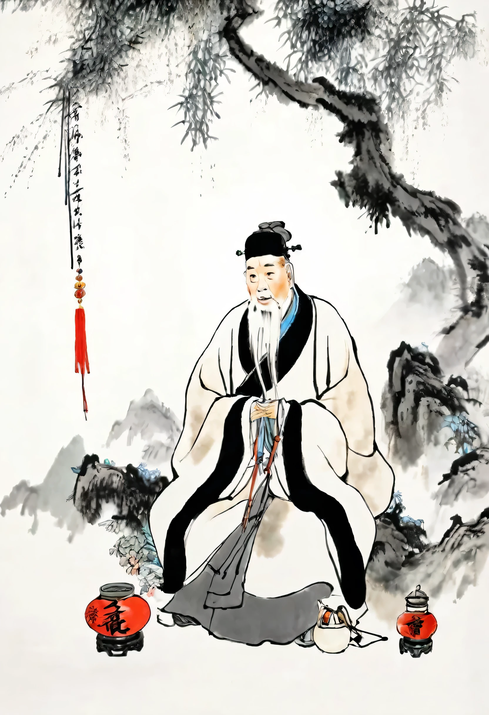 (best quality,masterpiece:1.2),Perfect and detailed face,Sit under a tree,White-haired old man,Medicine Gourd,Chinese scenery,Ink splatter,Ink texture,Ink Painting,Qi Baishi and Zhang Daqian style,Ultrafine quality,8k