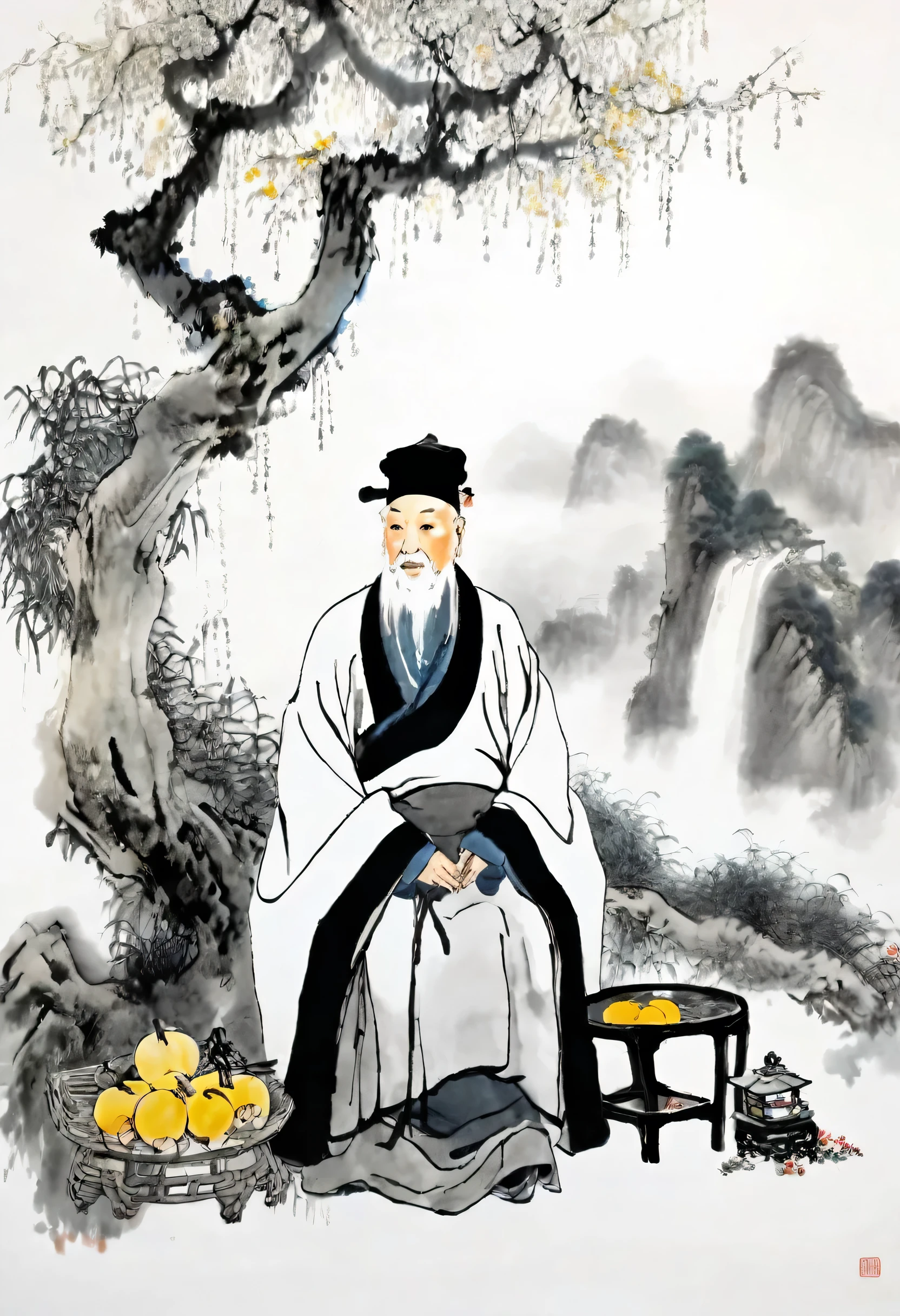 (best quality,masterpiece:1.2),Perfect and detailed face,Sit under a tree,White-haired old man,Medicine Gourd,Chinese scenery,Ink splatter,Ink texture,Ink Painting,Qi Baishi and Zhang Daqian style,Ultrafine quality,8k