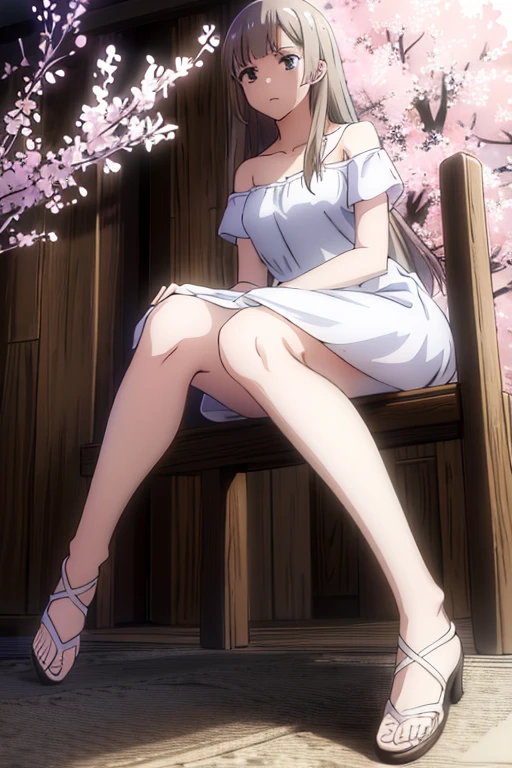 best quality,4k,8k,highres,masterpiece:1.2)brown hair, lilac eyes, alone, long white dresses,
