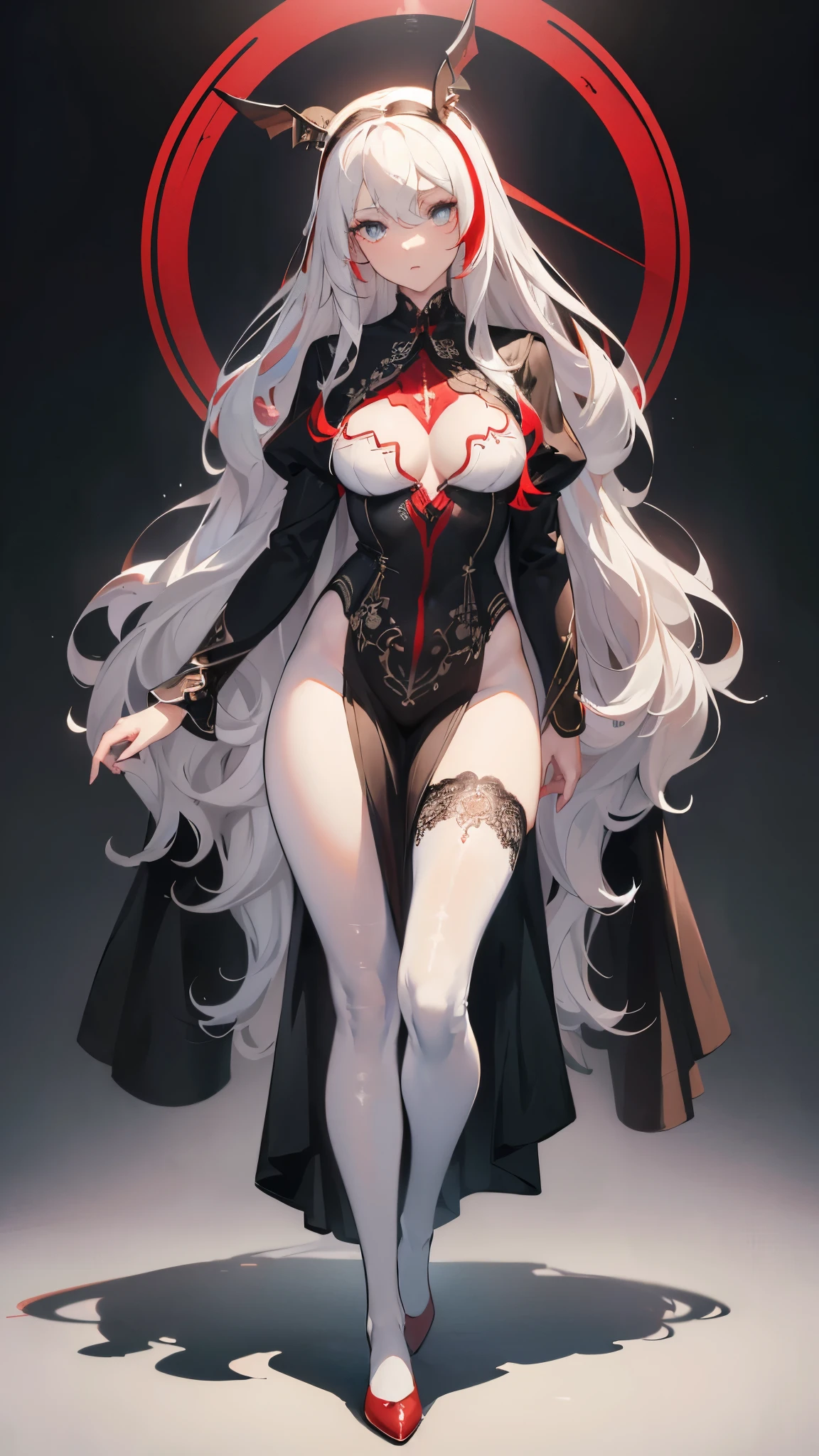 ((masterpiece, best quality)), Detailed face，nun，Full body painting，Perfect body proportions，Large Breasts，Long legs，((Long wavy hair)), ((Half of her hair is white，The other half is red，Divided into two colors))，beautiful eyes，Fantasy style，extremely beautiful，transparent，Sexy Lingerie，Lace，Pantyhose，exposed