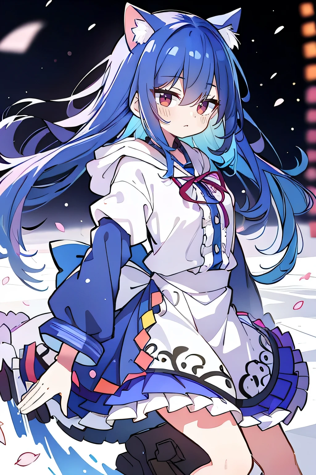 (masterpiece:1.2),Super detailed,lifelike,Expressive eyes,fair skin,perfect face shape,1 girl,
Japanese comics,Gorgeous blue hair,flowing blue hair,flowing clothes,Cat ears,Petals fall,beautiful lola,Baby Angel,sunrise,
Shaking head with one hand,Cross your legs,Gentle and peaceful background,The pavilion is cool and comfortable,smile, wearing hoodie, background of tokyo,back views,snowing, winter.