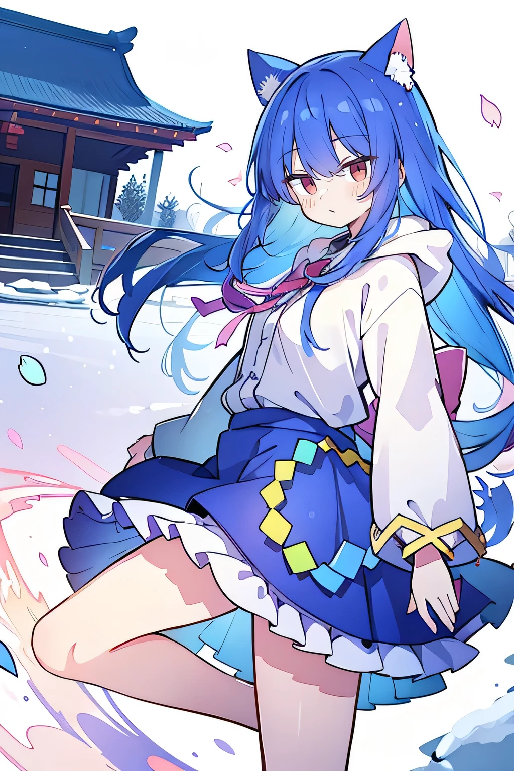 (masterpiece:1.2),Super detailed,lifelike,Expressive eyes,fair skin,perfect face shape,1 girl,
Japanese comics,Gorgeous blue hair,flowing blue hair,flowing clothes,Cat ears,Petals fall,beautiful lola,Baby Angel,sunrise,
Shaking head with one hand,Cross your legs,Gentle and peaceful background,The pavilion is cool and comfortable,smile, wearing hoodie, background of tokyo,back views,snowing, winter.