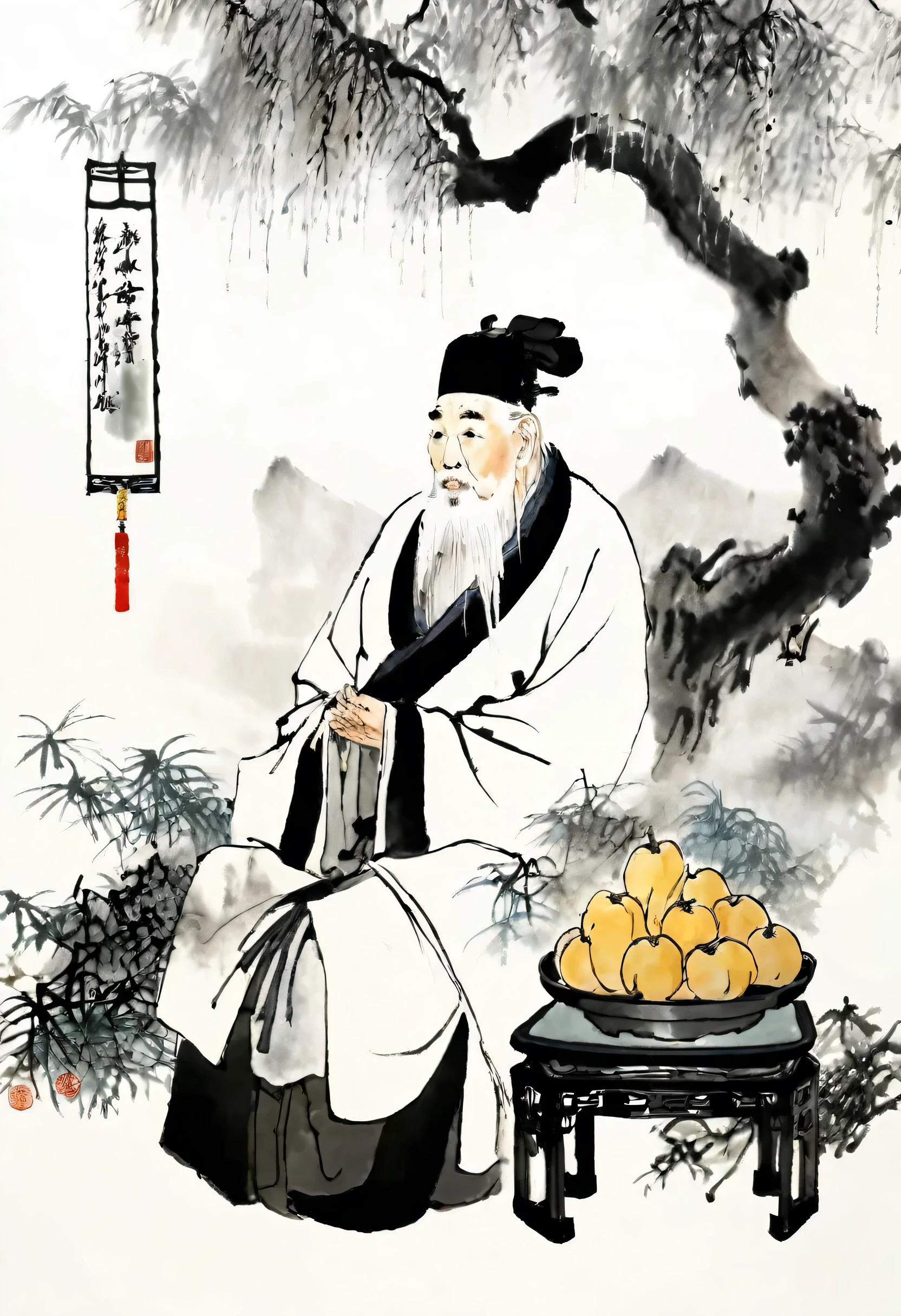 (best quality,masterpiece:1.2),Perfect and detailed face,Sit under a tree,White-haired old man,Medicine Gourd,Chinese scenery,Ink splatter,Ink texture,Ink Painting,Qi Baishi and Zhang Daqian style,Ultrafine quality,8k