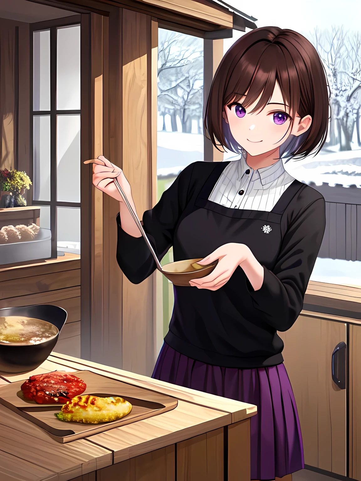 Masterpiece, surreal, 4K, a girl, (short brown hair), purple eyes, short skirt, black pants, smile, she is cooking, kitchen background, wooden house, snowy outdoors