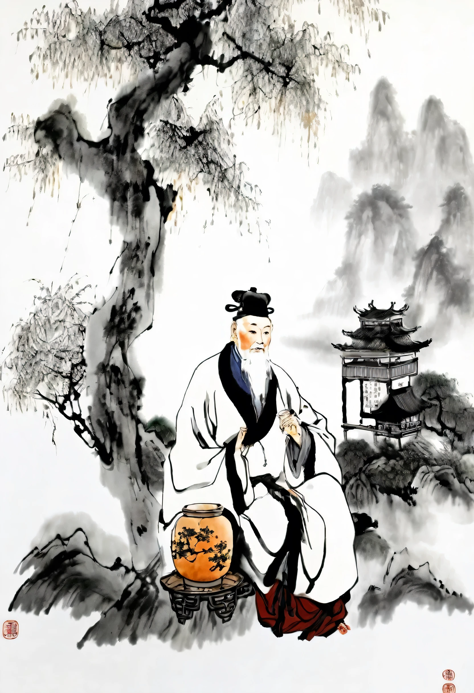 (best quality,masterpiece:1.2),Perfect and detailed face,Sit under a tree,White-haired old man,Medicine Gourd,Chinese scenery,Ink splatter,Ink texture,Ink Painting,Qi Baishi and Zhang Daqian style,Ultrafine quality,8k