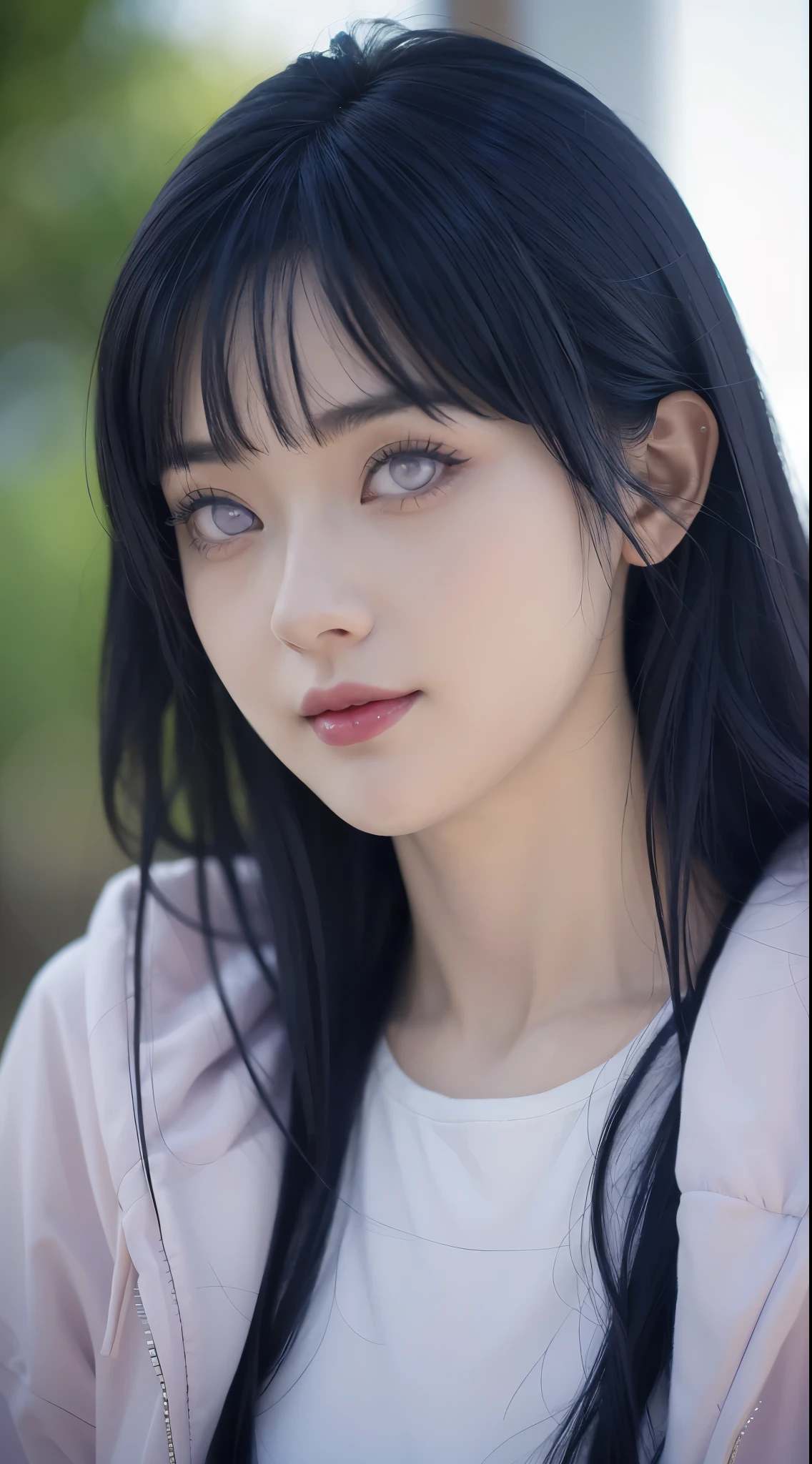 (best quality,4k,8k,highres,masterpiece:1.2),ultra-detailed,(realistic,photorealistic,photo-realistic:1.37), 1girl, hyuga hinata in anime naruto shippuden, long hair, dark blue hair,white eyes, byakugan eyes, beautiful detailed eyes, beautiful detailed lips, beautiful detailed face, smile, purple clothes, city background, red lips, vivid colors, sharp focus, anime, portraits, studio lighting, fine painting, physically-based rendering ,close up image of a person with long hair and a hoodie, hinata hyuga, hinata hyuga from naruto, from naruto, as an anime character, perfect anime face, she has dark blue hair with bangs, female anime character, anime characters, best anime girls, style hime cut hair, dark blue hair, full body, (pink lips, light purple eyes, smile, (beautiful face:1.3)