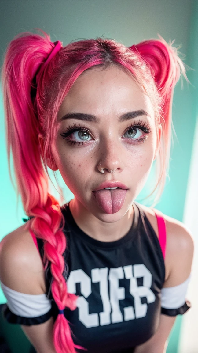 (ultra realista),Foto, alta calidad, ahegao analog photography , (low lighting), (neon ambiance) fondo claro ,retrato, 1 chica, ahegao, pelo color rosa,(chölka), ponytails hairstyle, ponytails , vista desde arriba, ojos detallados, (ultra detallado) 