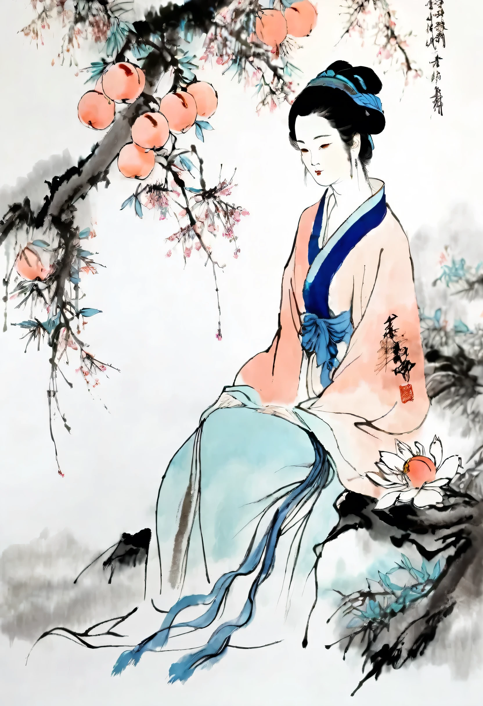 (best quality,masterpiece:1.2),Perfect and detailed face,Sitting under a peach tree,Beautiful girl,Read carefully,Chinese scenery,Ink splatter,Ink texture,Ink Painting,Qi Baishi and Zhang Daqian style,Ultrafine quality,8k