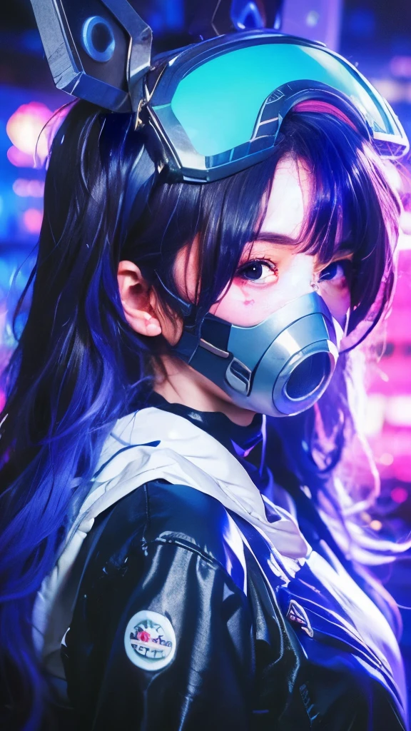 (Good structure),High Dynamic Range,Ultra HD,8K,1 girl,Cyberpunk protective clothing,Cyberpunk gas mask,Cyberpunk protective helmet,A luminescent helmet,Neon,Neon Colors,face camera,close up,night,Masking screen reflections,luminescent,Jacket,Upper Body,Cyberpunk,Colorful clothes,Practical,Solitary,zipper