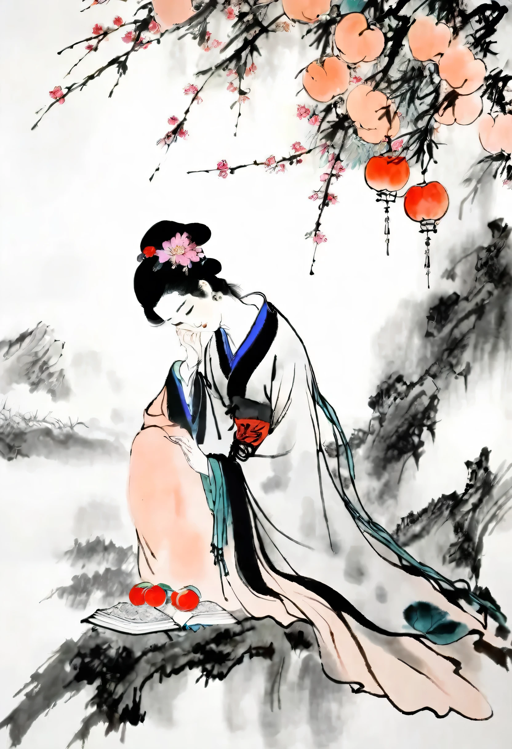 (best quality,masterpiece:1.2),Perfect and detailed face,Sitting under a peach tree,Beautiful girl,Read carefully,Chinese scenery,Ink splatter,Ink texture,Ink Painting,Qi Baishi and Zhang Daqian style,Ultrafine quality,8k