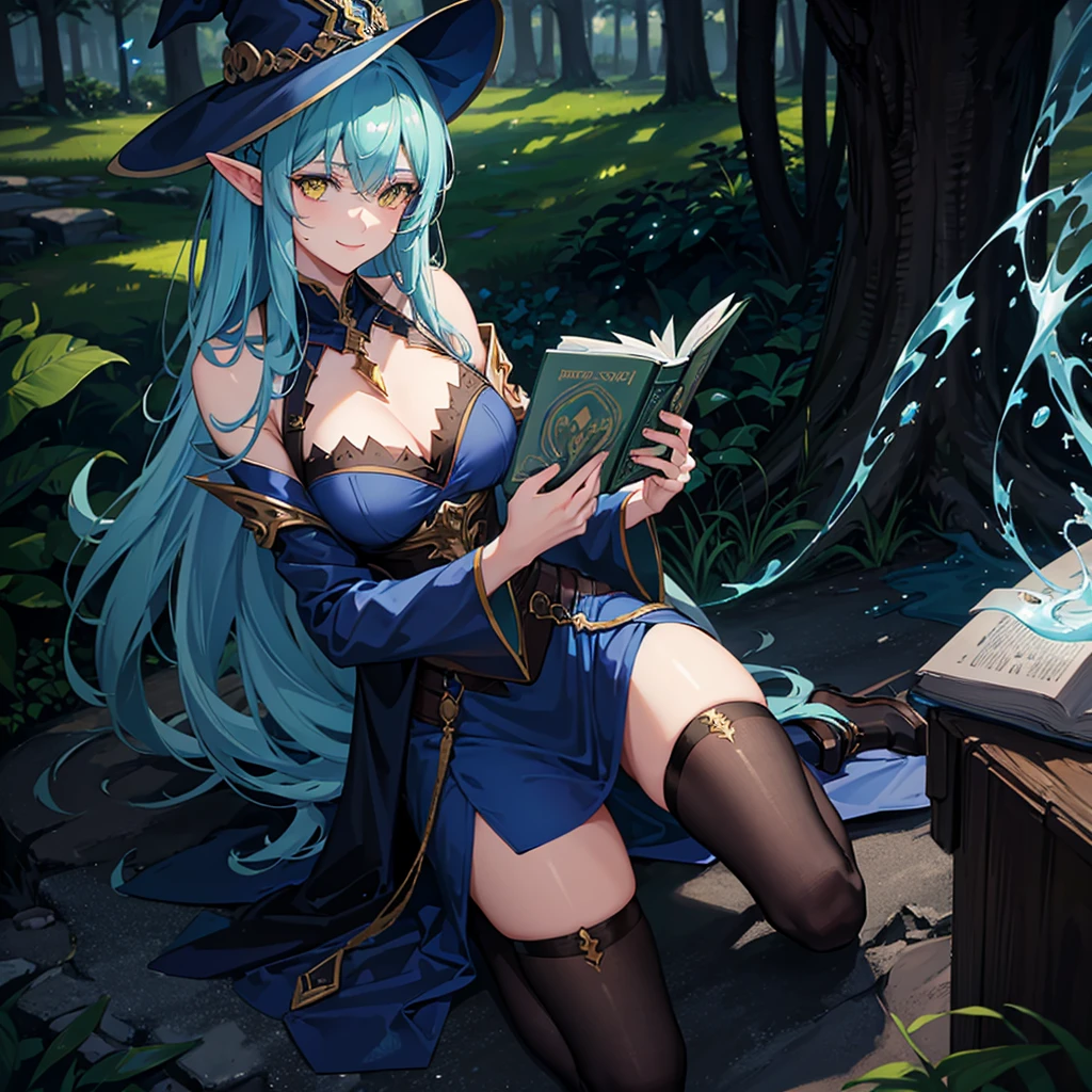 A sexy girl half elf wizard, Dark and blue wizard robe, wizard hat, yellow eyes, bright blue hair colour, Book in hand, Green Forest background,8k, masterpiece, best quality, highly detailed, 1girl, half-elf, solo, yellow eyes, bright blue hair, long straight hair, wearing necklace, gorgeous, black robe and wizard clothing, friendly, smile,sexy, close ups view, rings, looking at viewer, Green Forest background, middle photo position,